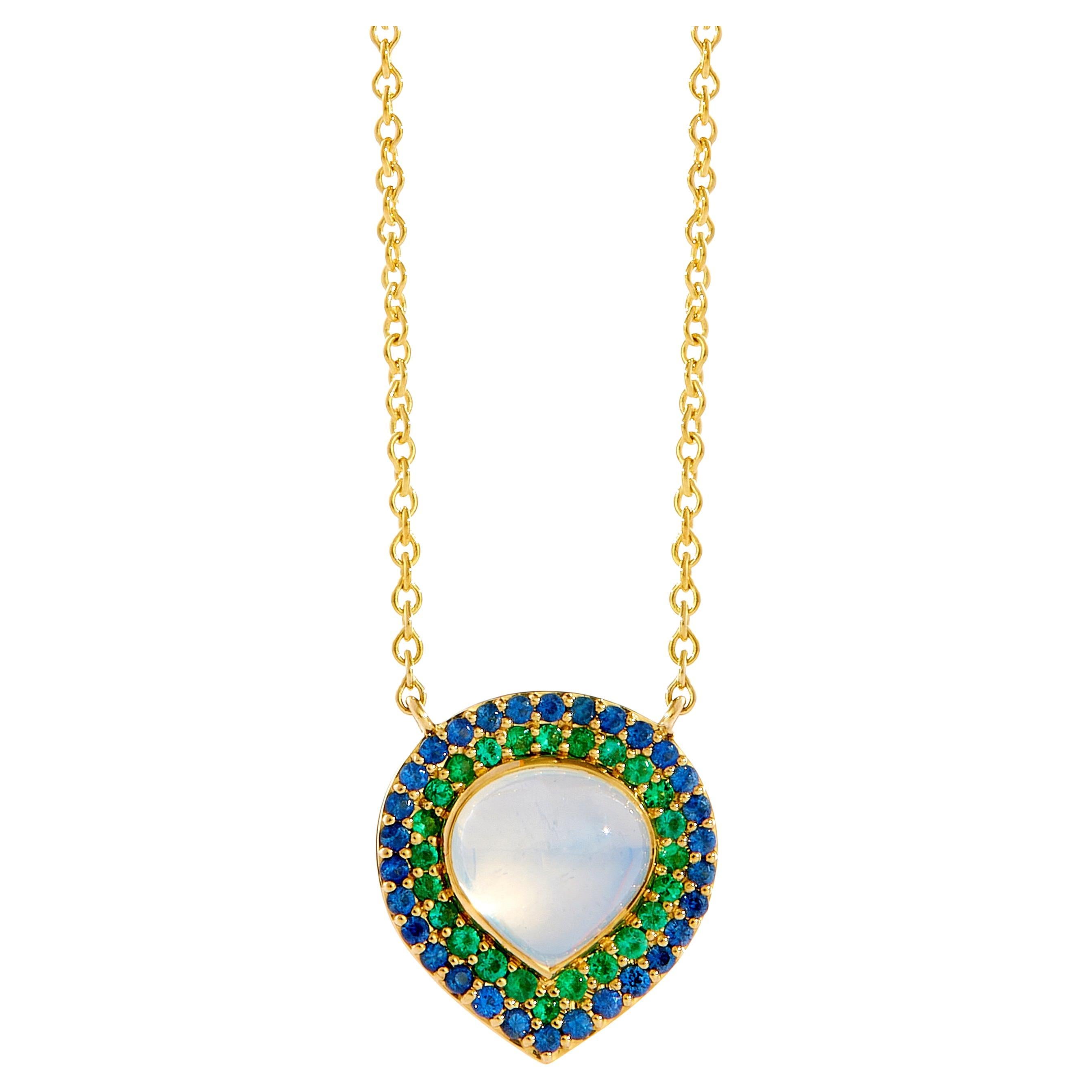 Syna Yellow Gold Moon Quartz, Emerald and Blue Sapphire Necklace