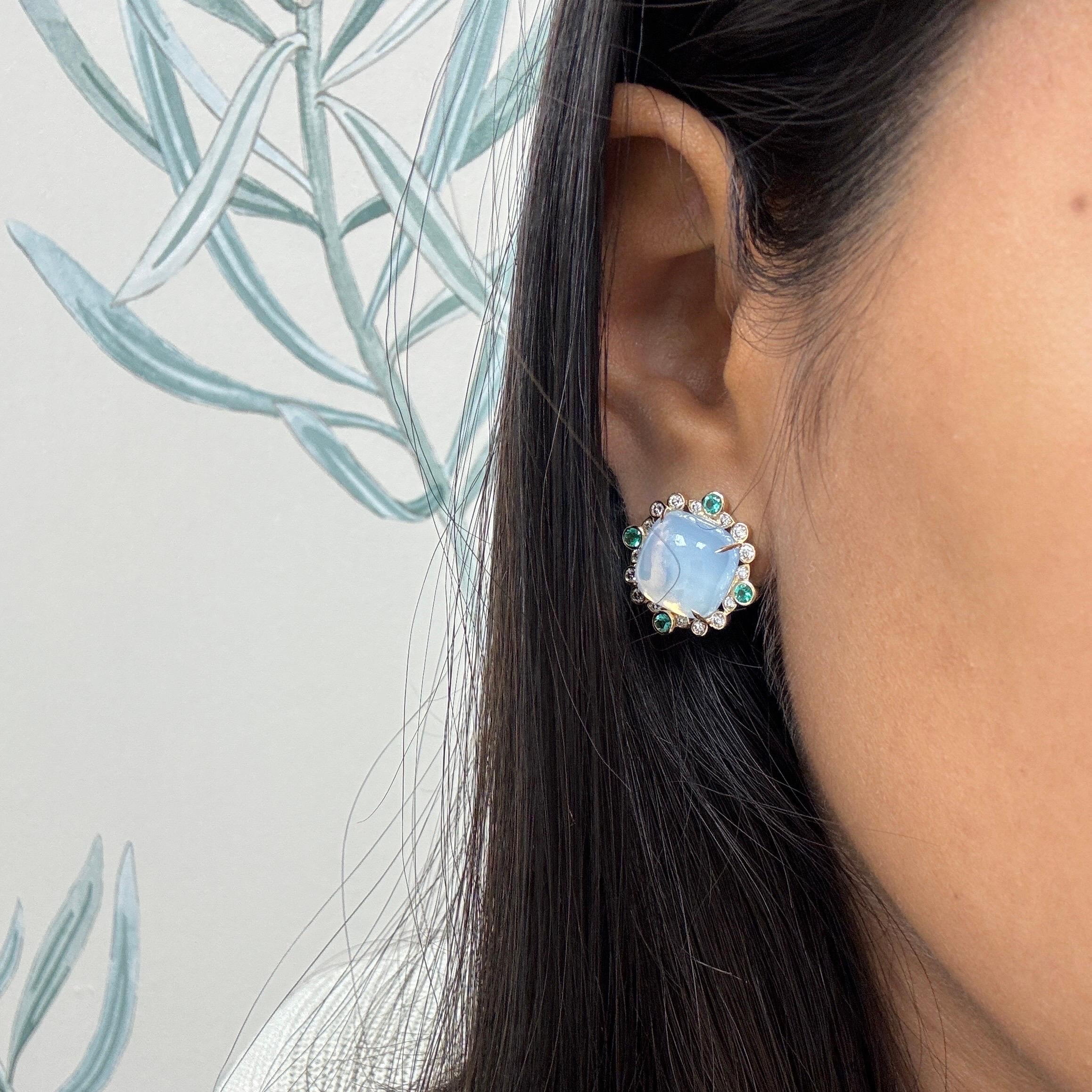 Contemporary Syna Yellow Gold Moon Quartz, Emeralds and Diamonds Earrings For Sale