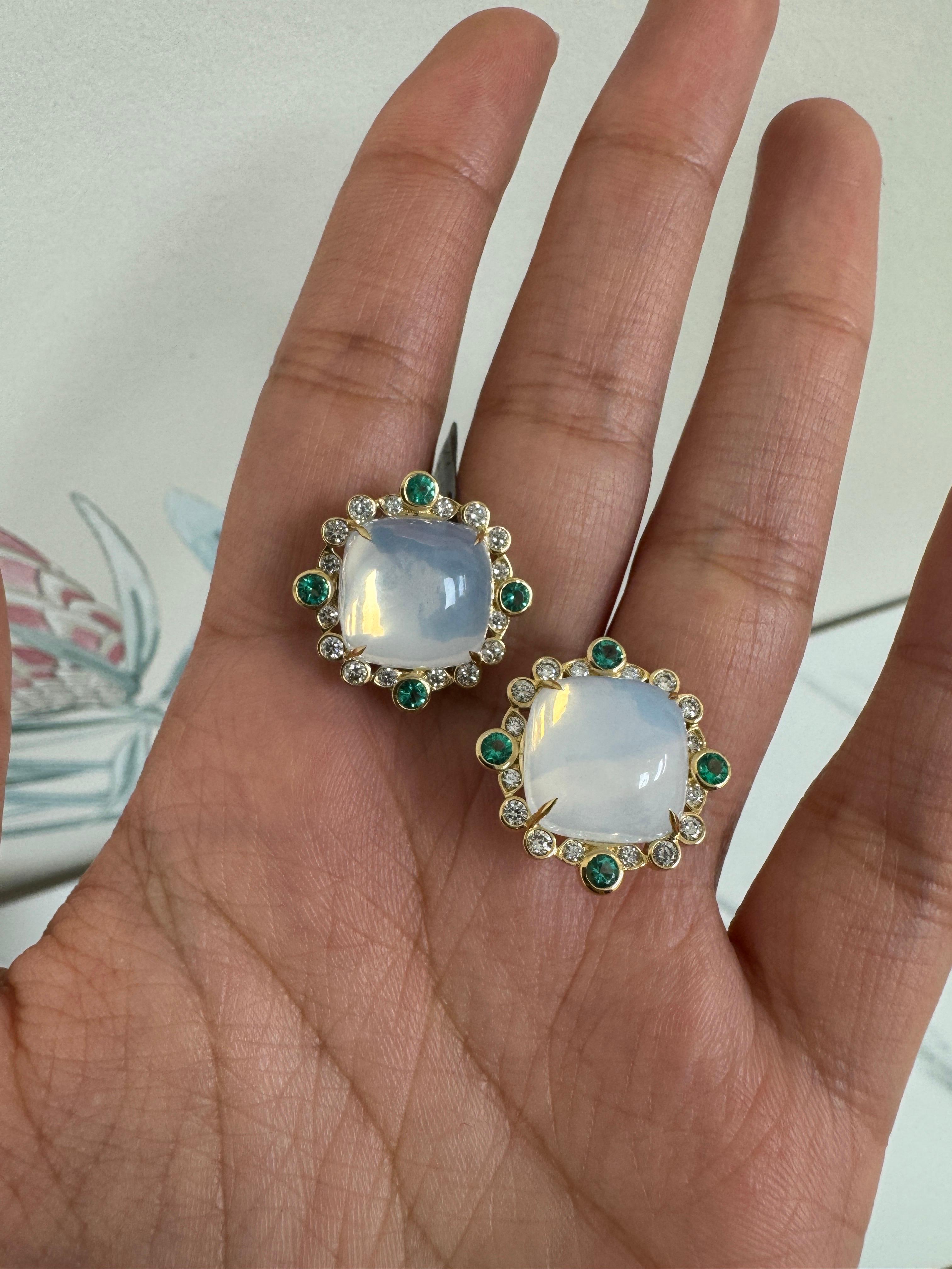 Mixed Cut Syna Yellow Gold Moon Quartz, Emeralds and Diamonds Earrings For Sale