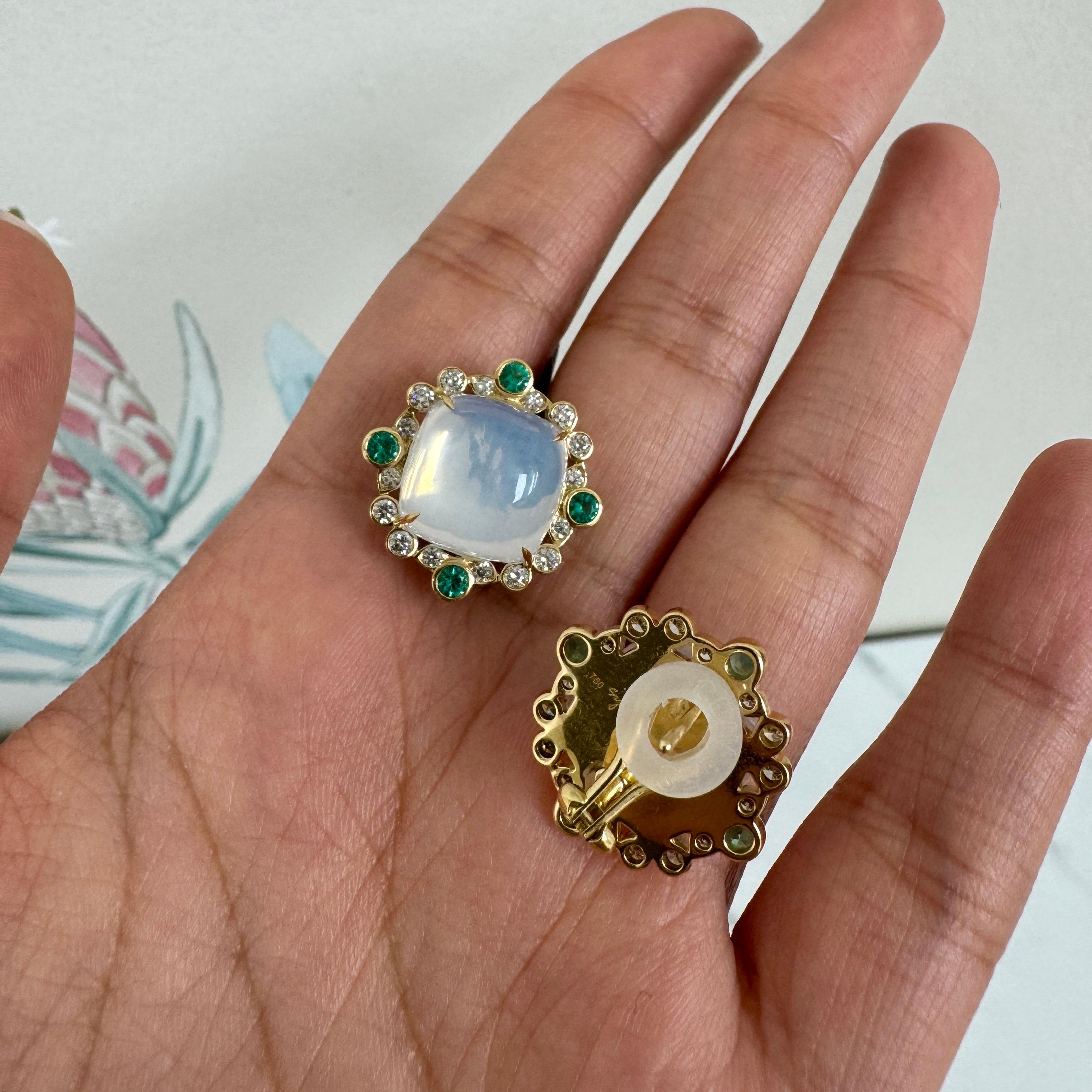 Syna Yellow Gold Moon Quartz, Emeralds and Diamonds Earrings In New Condition For Sale In Fort Lee, NJ
