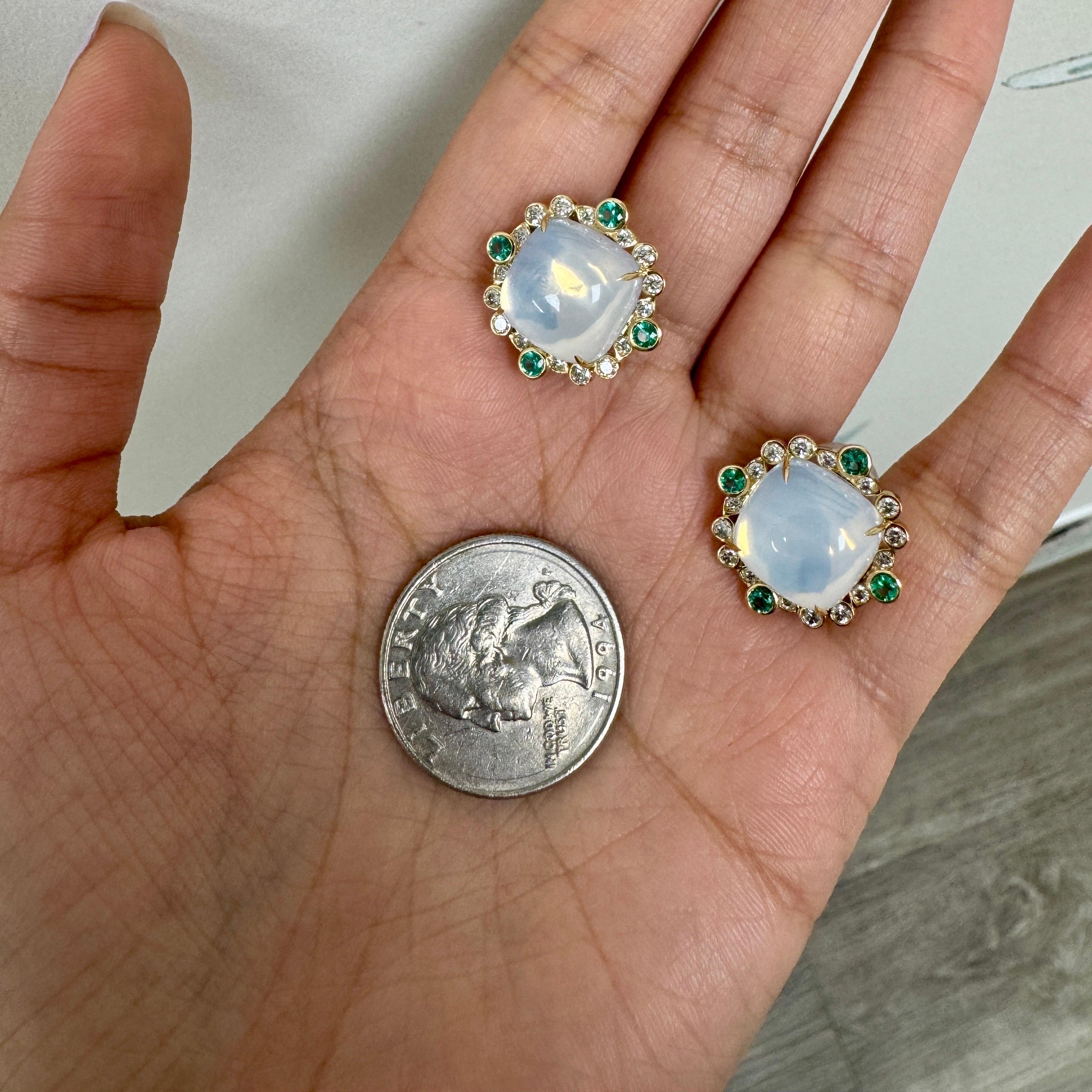 Women's Syna Yellow Gold Moon Quartz, Emeralds and Diamonds Earrings For Sale
