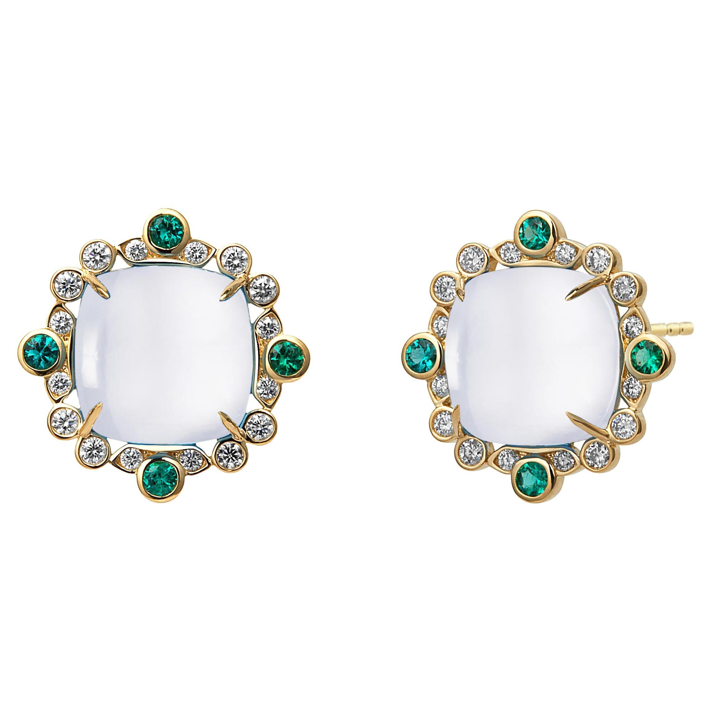 Syna Yellow Gold Moon Quartz, Emeralds and Diamonds Earrings