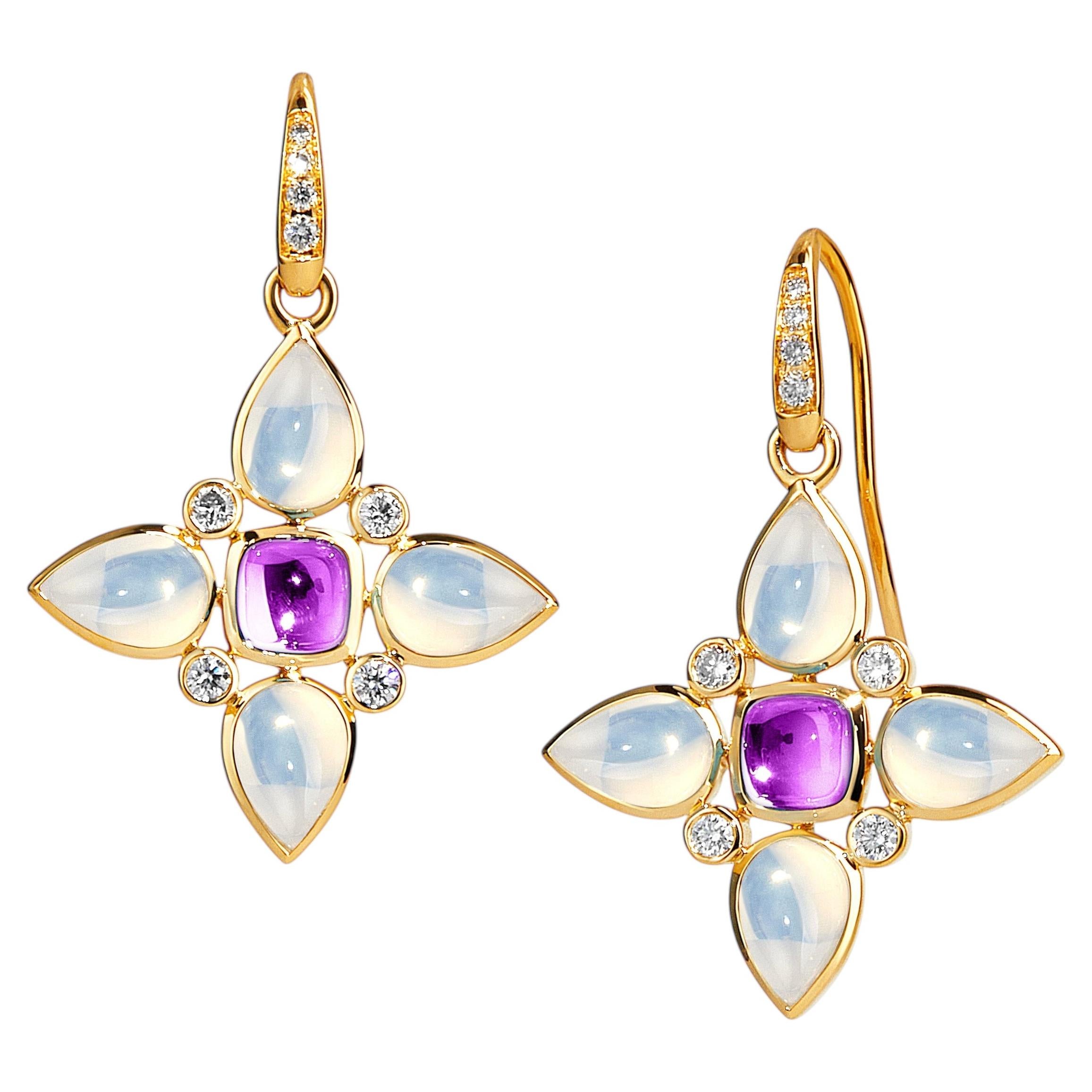 Syna Yellow Gold Moon Quartz Flower Earrings with Amethyst and Diamonds