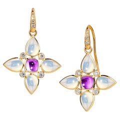 Syna Yellow Gold Moon Quartz Flower Earrings with Amethyst and Diamonds