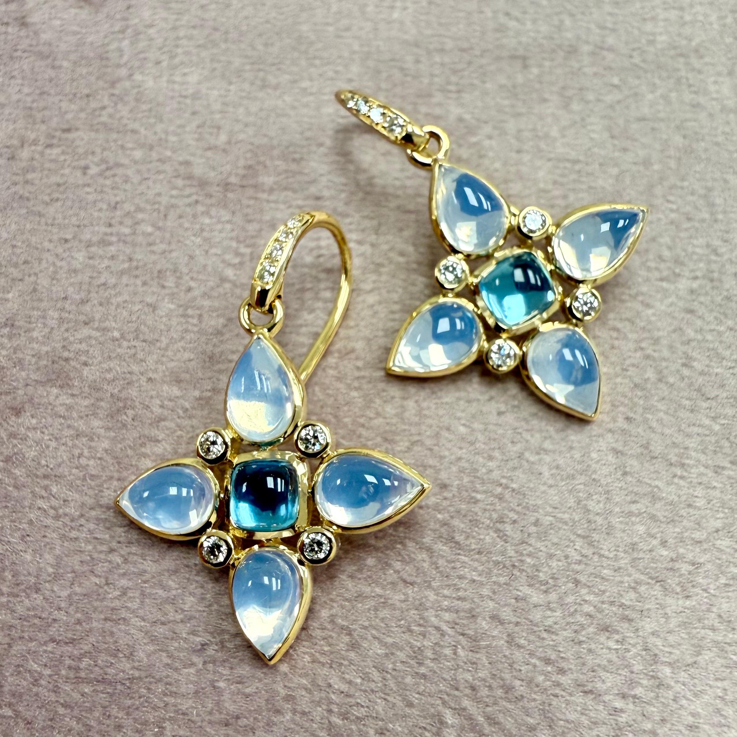 Taglio misto Orecchini Syna in oro giallo con fiori di quarzo lunare, topazio blu e diamanti in vendita