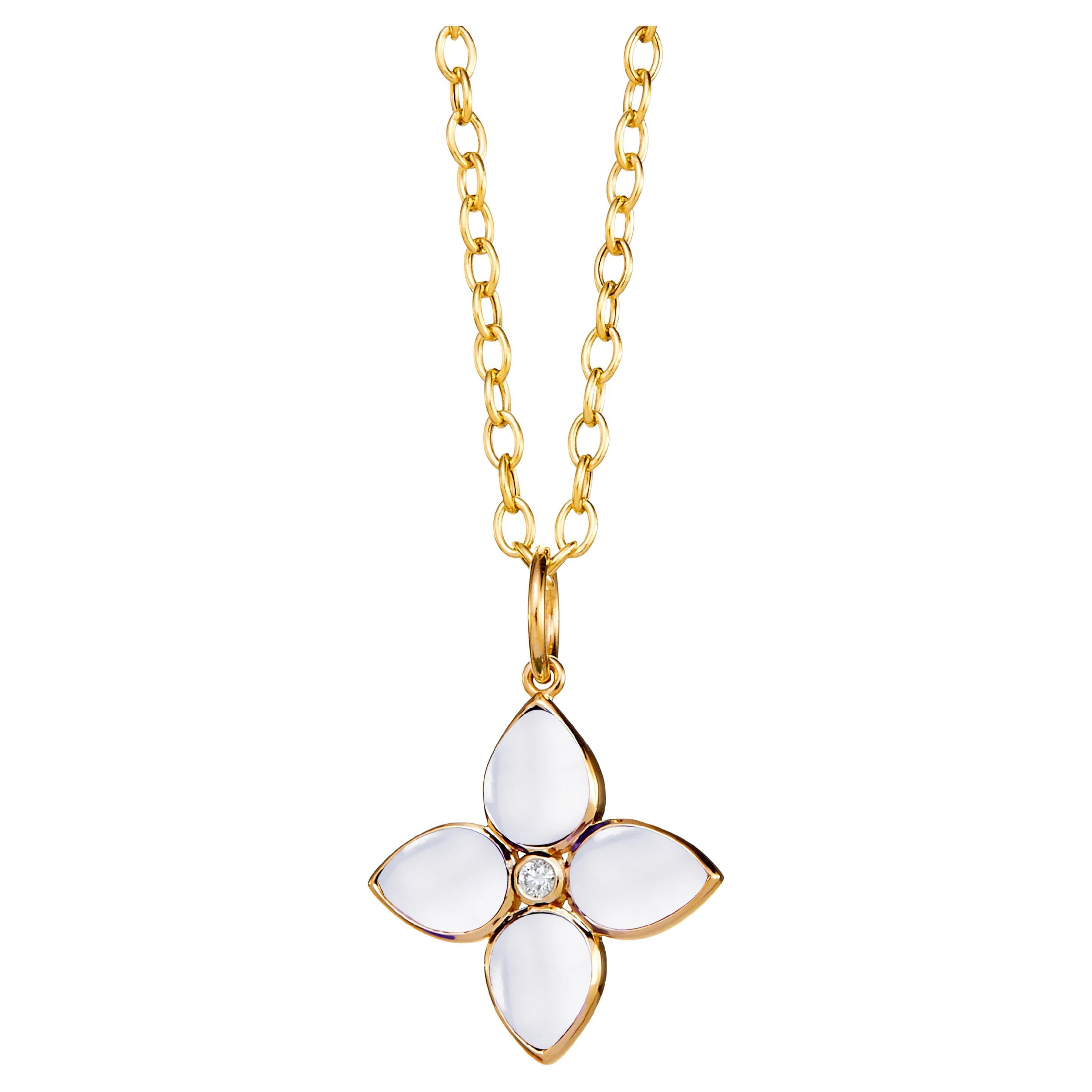 Syna Yellow Gold Moon Quartz Flower Pendant with Diamond For Sale