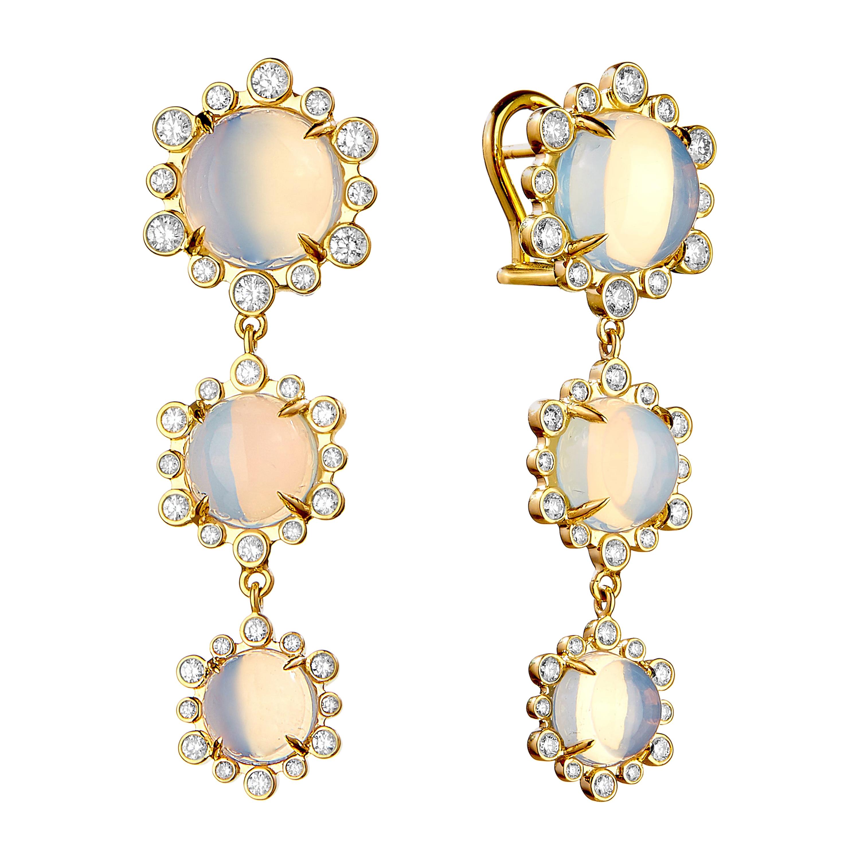 Syna Yellow Gold Moon Quartz Hex Earrings with Diamonds For Sale