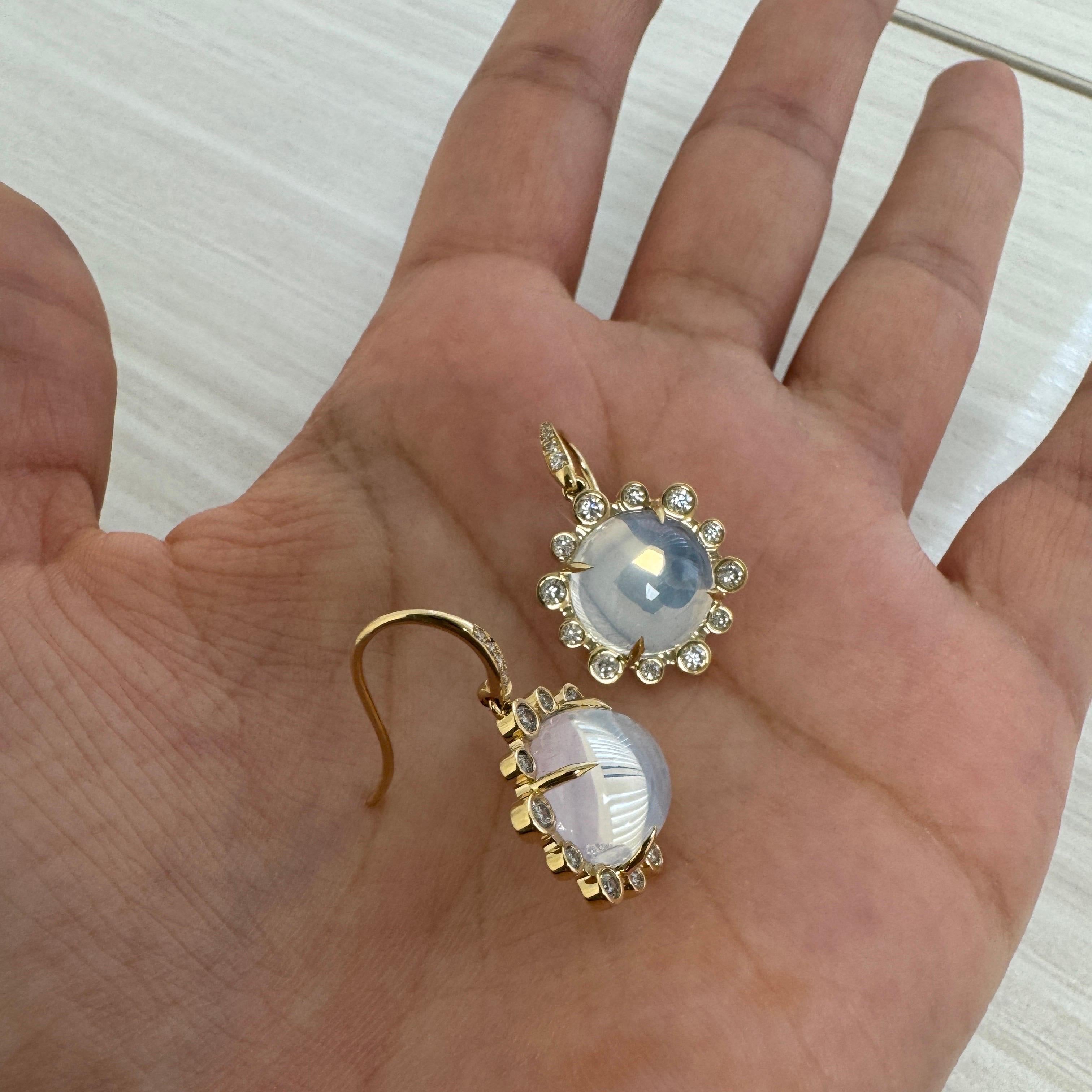 Contemporary Syna Yellow Gold Moon Quartz Hex Earrings with Diamonds For Sale