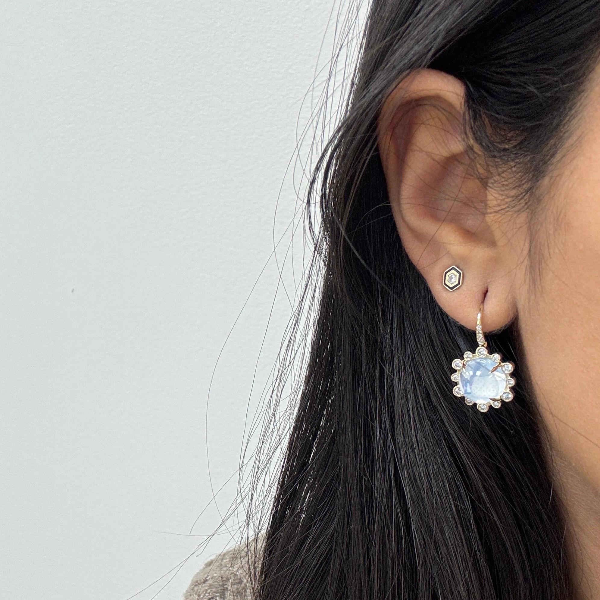 Mixed Cut Syna Yellow Gold Moon Quartz Hex Earrings with Diamonds For Sale