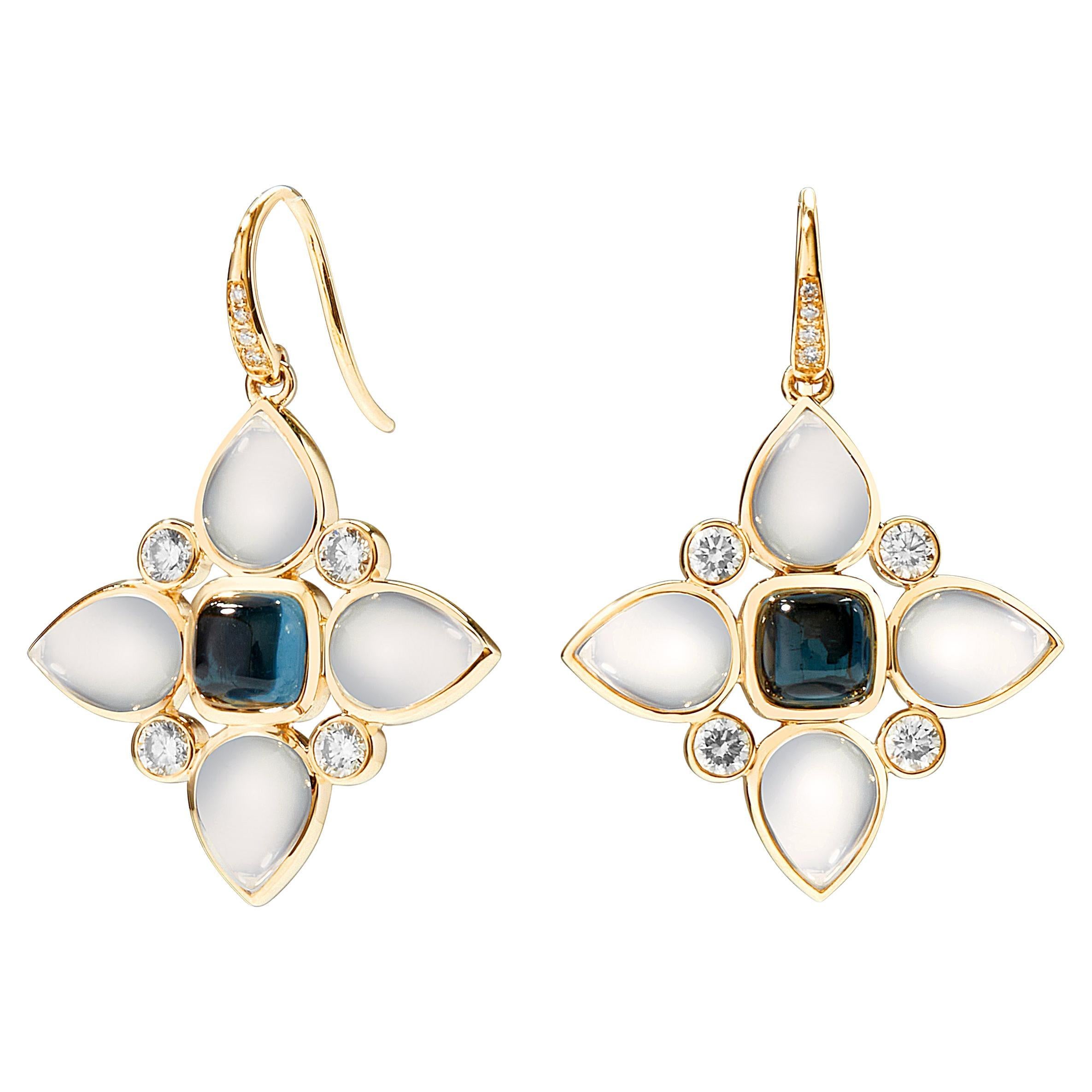 Syna Yellow Gold Moon Quartz, London Blue Topaz and Champagne Diamonds Earrings For Sale