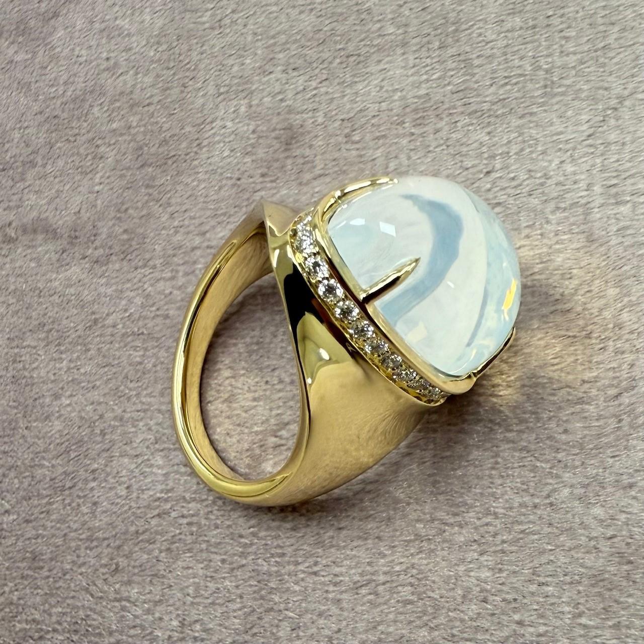 Mixed Cut Syna Yellow Gold Moon Quartz Pear Shaped Ring with Diamonds For Sale