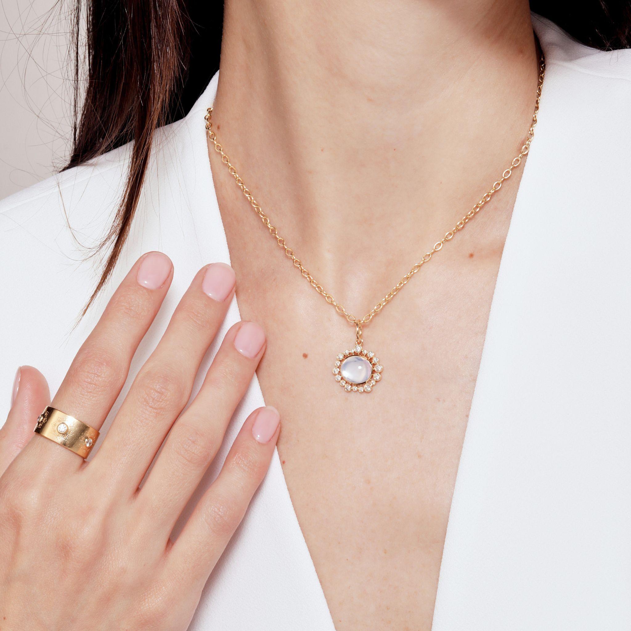 Oval Cut Syna Yellow Gold Moon Quartz Pendant with Diamonds For Sale