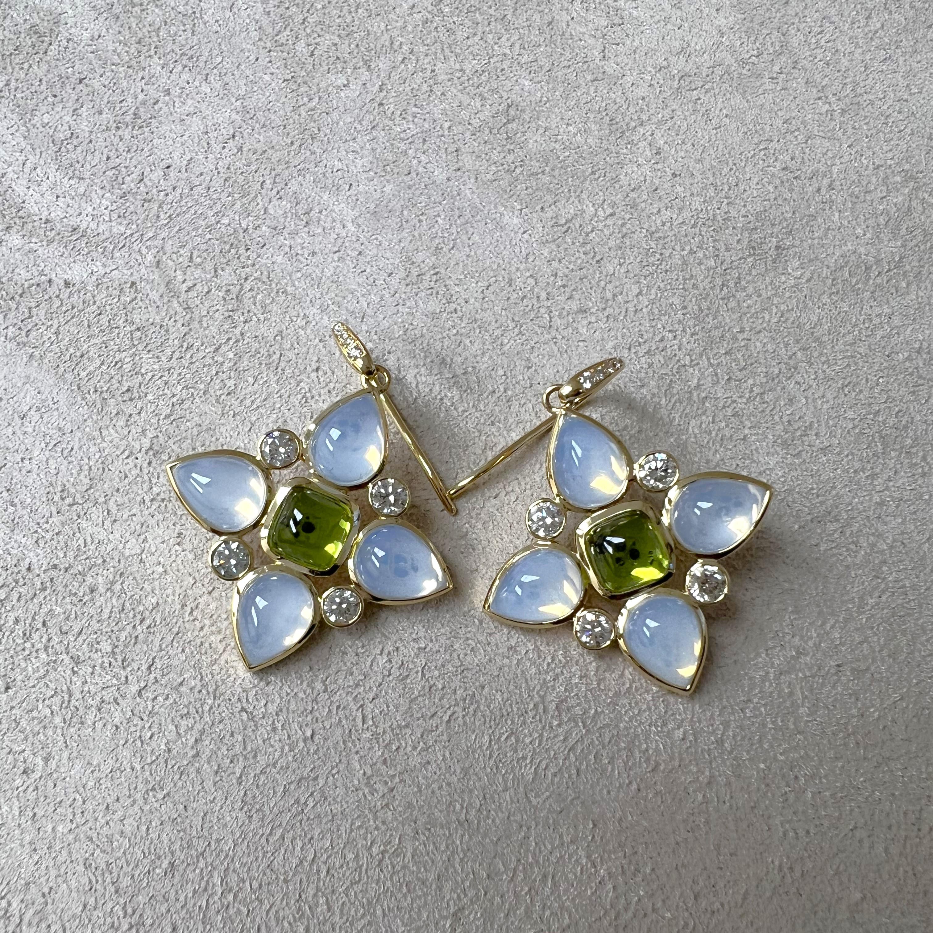 Contemporary Syna Yellow Gold Moon Quartz, Peridot and Diamonds Earrings For Sale