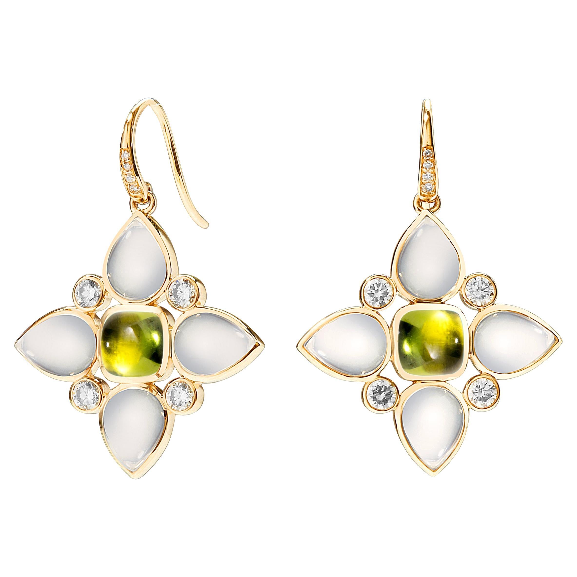 Syna Boucles d'oreilles en or jaune, quartz de lune, péridot et diamants