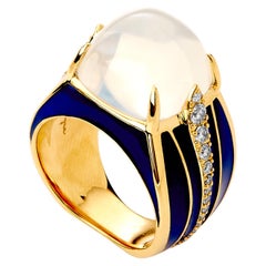 Syna Yellow Gold Moon Quartz Ring with Diamonds and Lapis Enamel