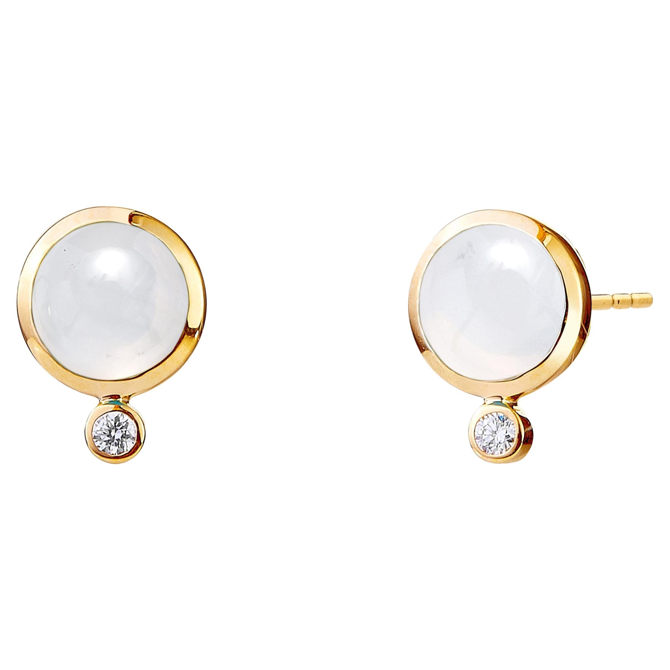 Syna Yellow Gold Moon Quartz Studs with Diamonds For Sale