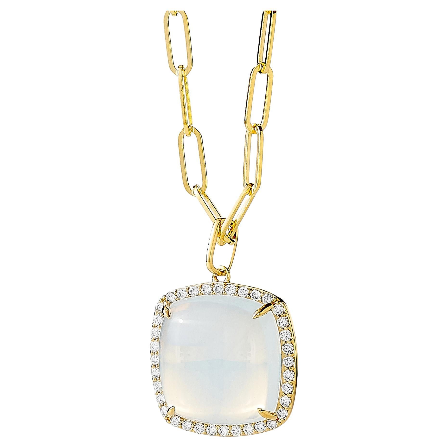 Syna Yellow Gold Moon Quartz Sugarloaf Pendant with Diamonds For Sale