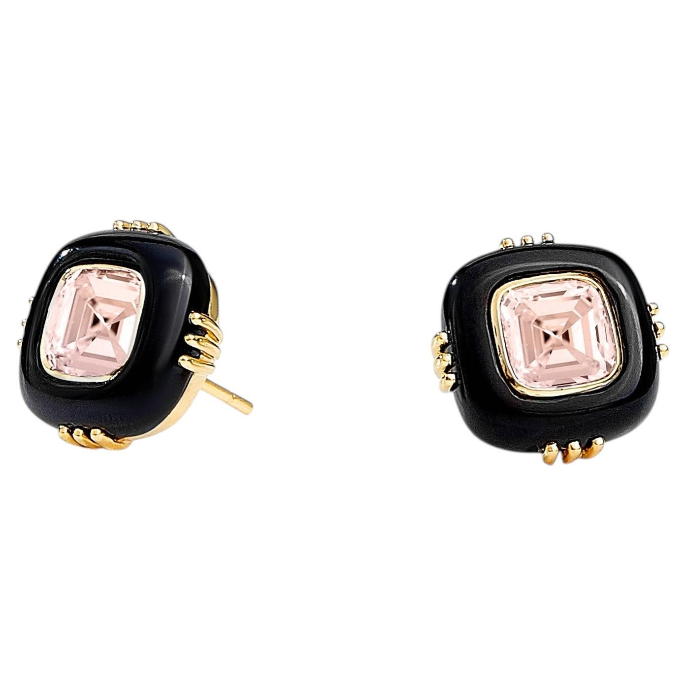 Orecchini Syna in oro giallo con morganite e onice nero