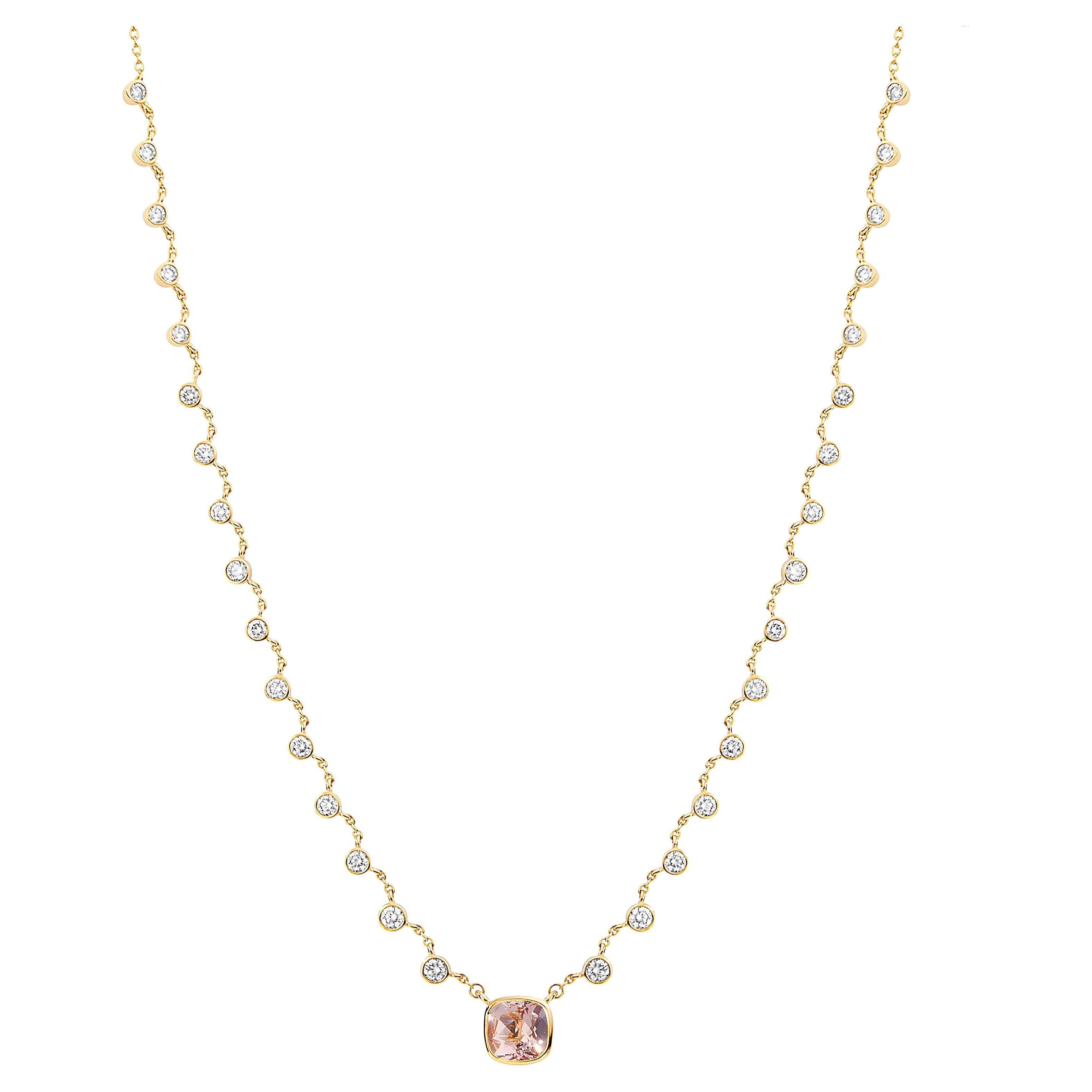 Syna Yellow Gold Morganite and Diamond Cushion Necklace