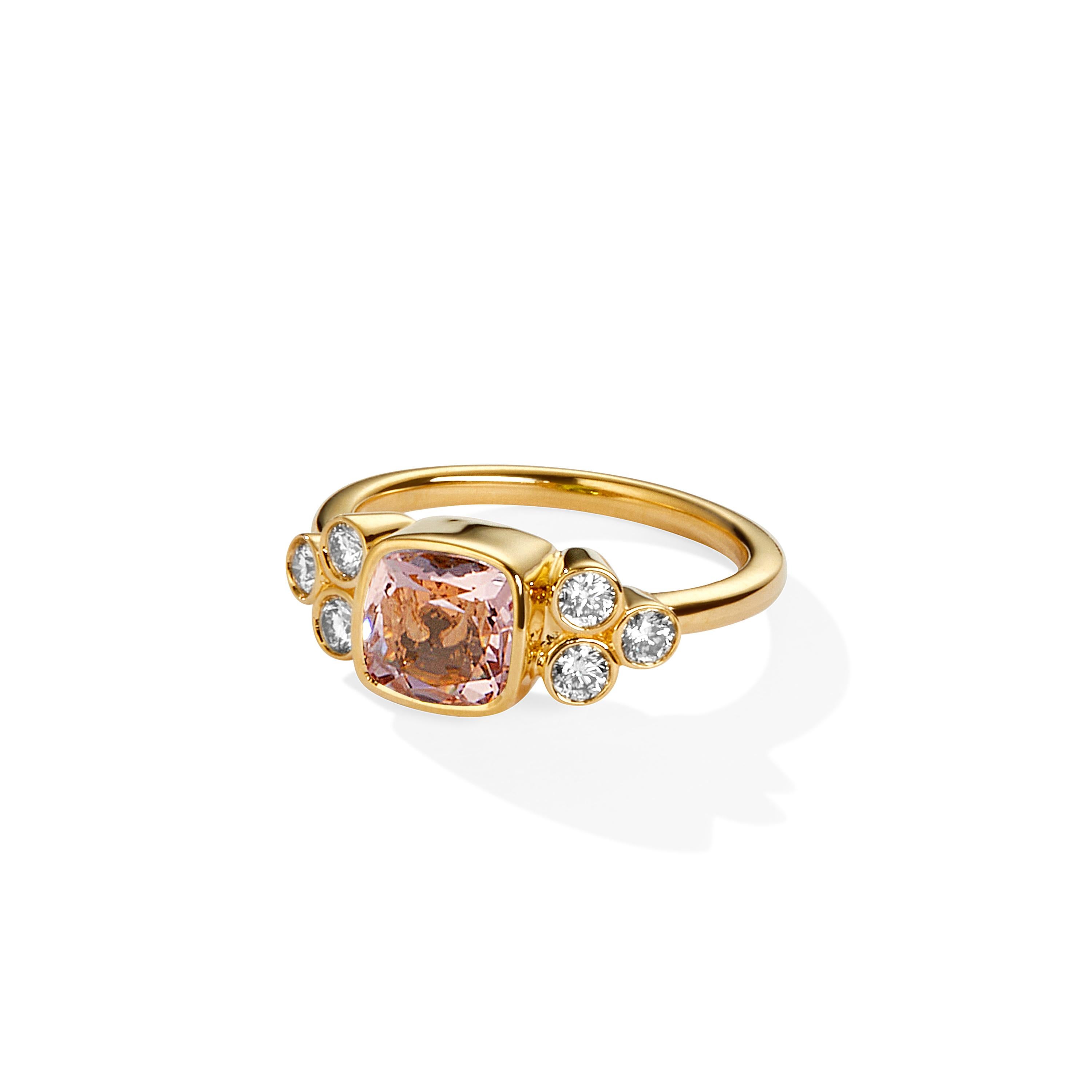 Contemporary Syna Yellow Gold Morganite Cushion Ring with Diamonds