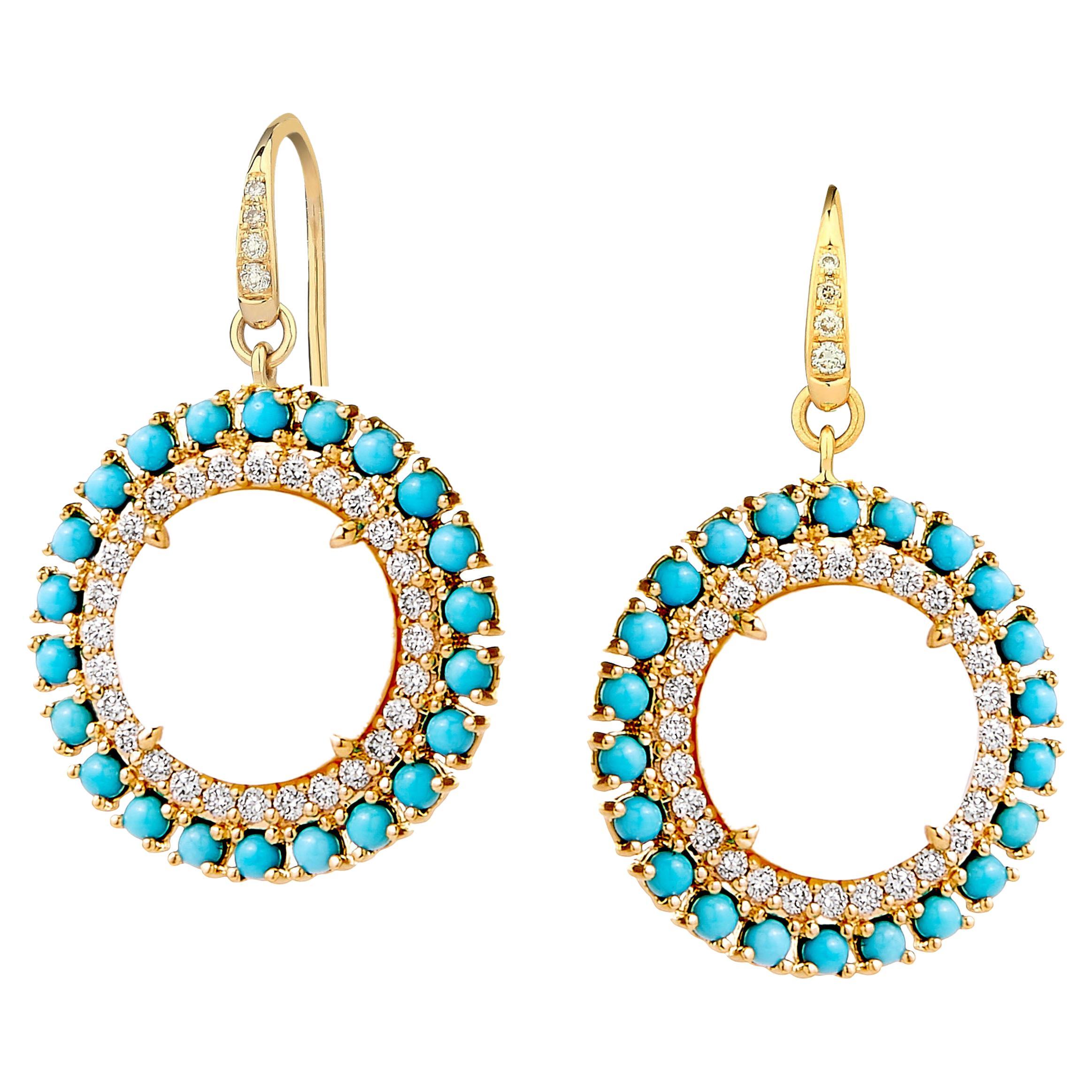 Syna-Ohrringe aus Gelbgold aus Perlmutt und Türkis mit Diamanten im Angebot