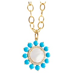 Syna Yellow Gold Mother of Pearl and Turquoise Pendant with Champagne Diamonds