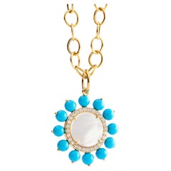 Syna Yellow Gold Mother of Pearl and Turquoise Pendant with Diamonds