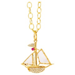 Syna Yellow Gold Mother of Pearl Boat Charm Pendant with Ruby and Diamonds