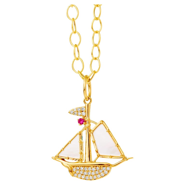 Syna Yellow Gold Mother of Pearl Boat Charm Pendant with Ruby and Diamonds For Sale