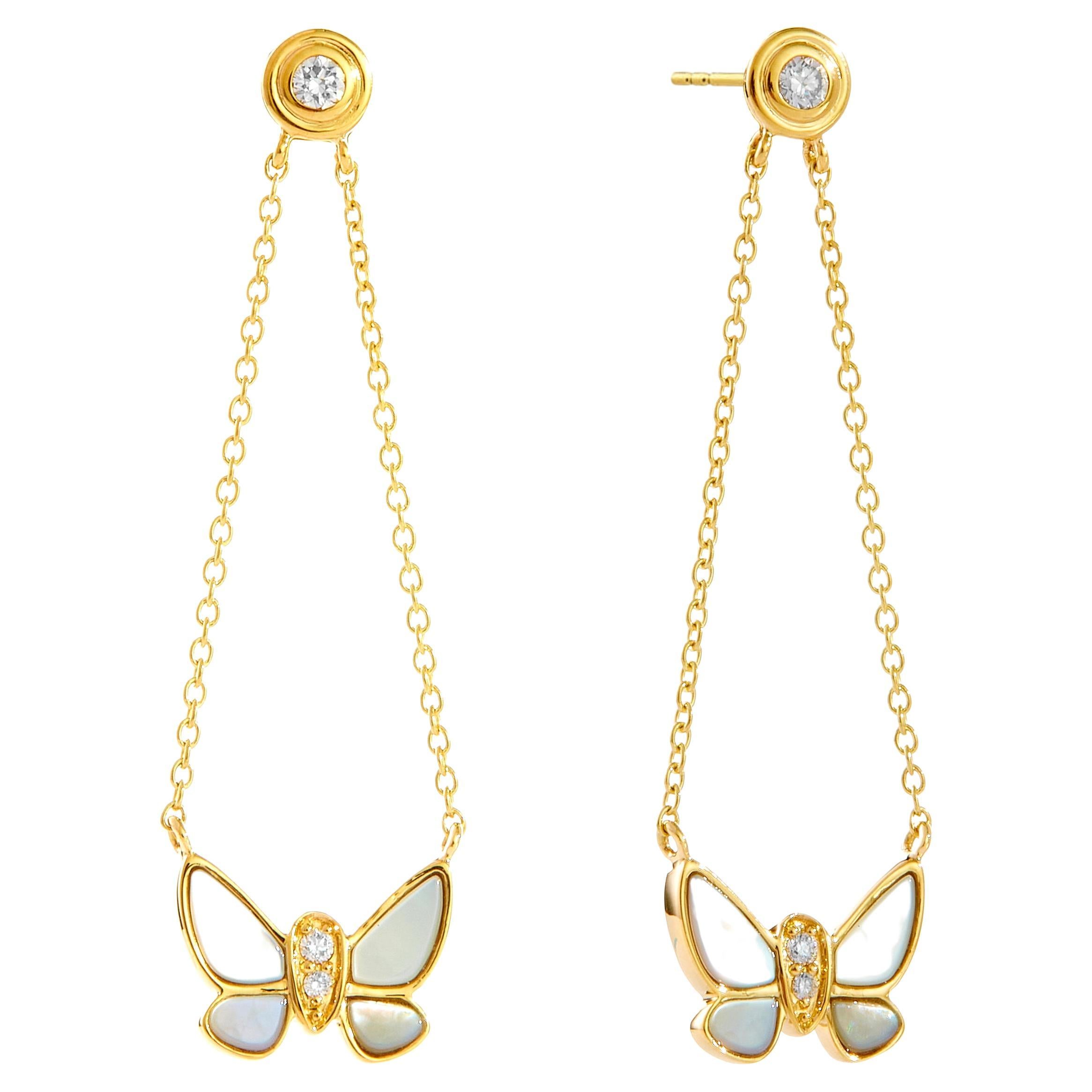 Syna Yellow Gold Mother of Pearl Butterfly Earrings with Diamonds