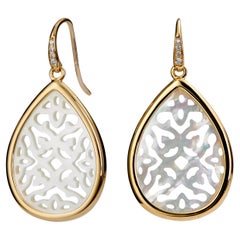 Syna Yellow Gold Mother of Pearl Carved Earrings with Diamonds