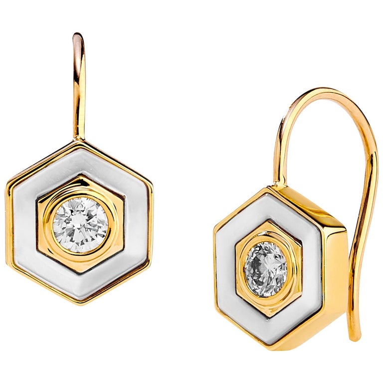 Syna Yellow Gold Mother of Pearl Champagne Diamond Hex Earrings For Sale
