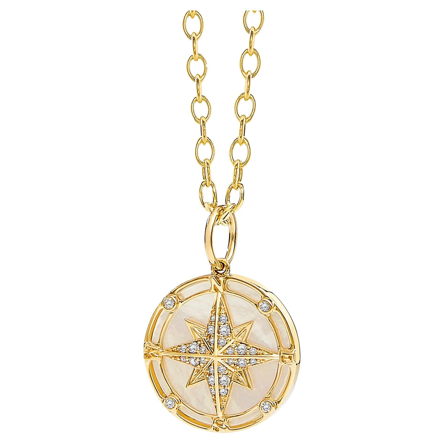 Syna Yellow Gold Mother of Pearl Compass Pendant with Diamonds For Sale