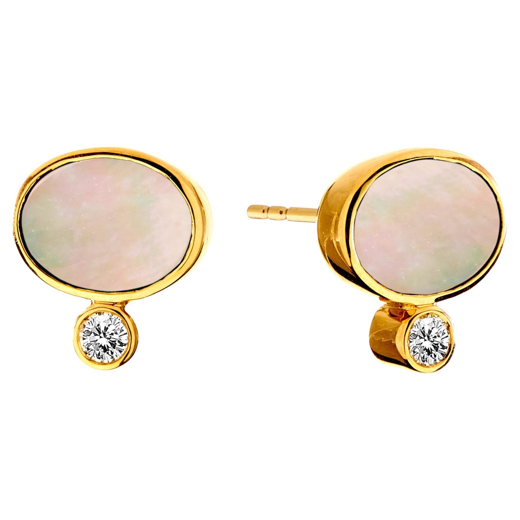 Syna Yellow Gold Mother of Pearl Earrings with Diamond For Sale