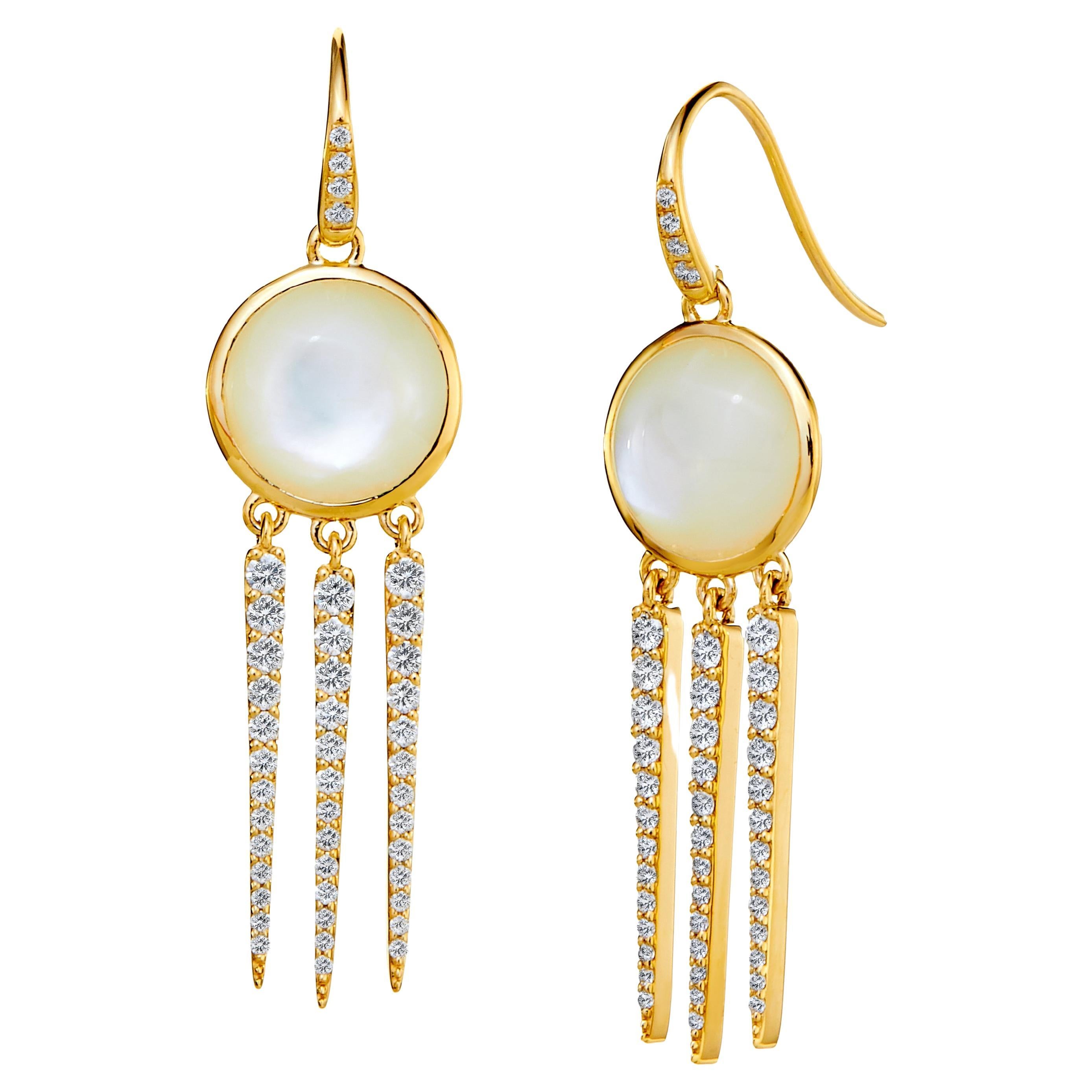 Syna Yellow Gold Mother of Pearl Earrings with Diamonds For Sale