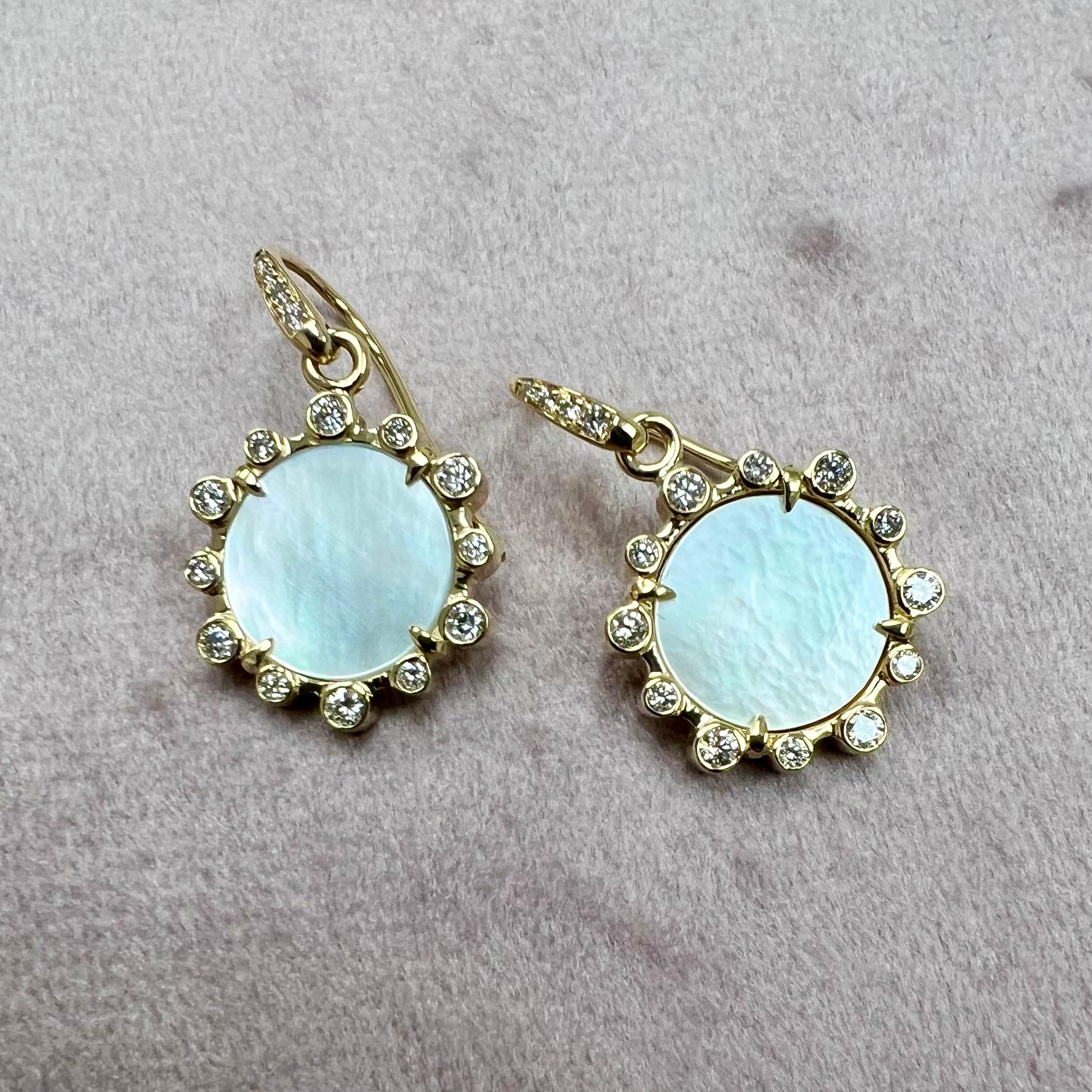 Mixed Cut Syna Yellow Gold Mother of Pearl Earrings with Diamonds For Sale