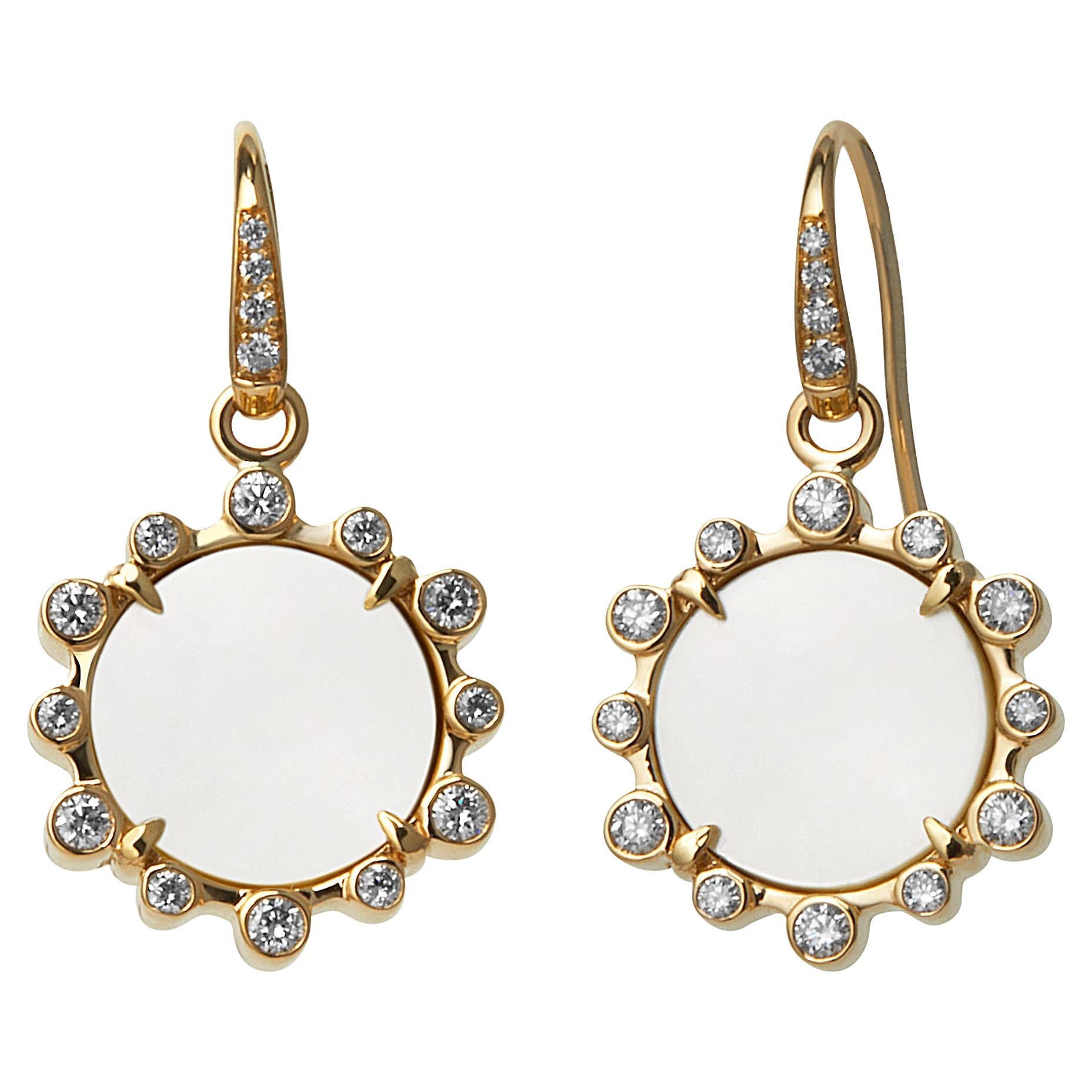 Syna Yellow Gold Mother of Pearl Earrings with Diamonds For Sale