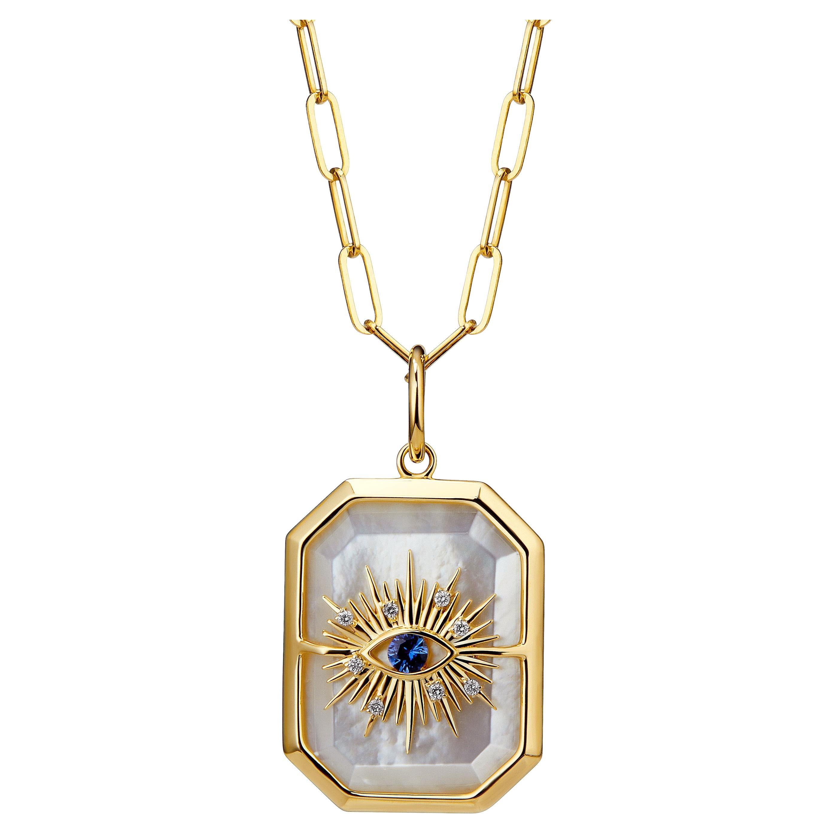 Syna Yellow Gold Mother of Pearl Evil Eye Pendant with Blue Sapphire & Diamonds For Sale