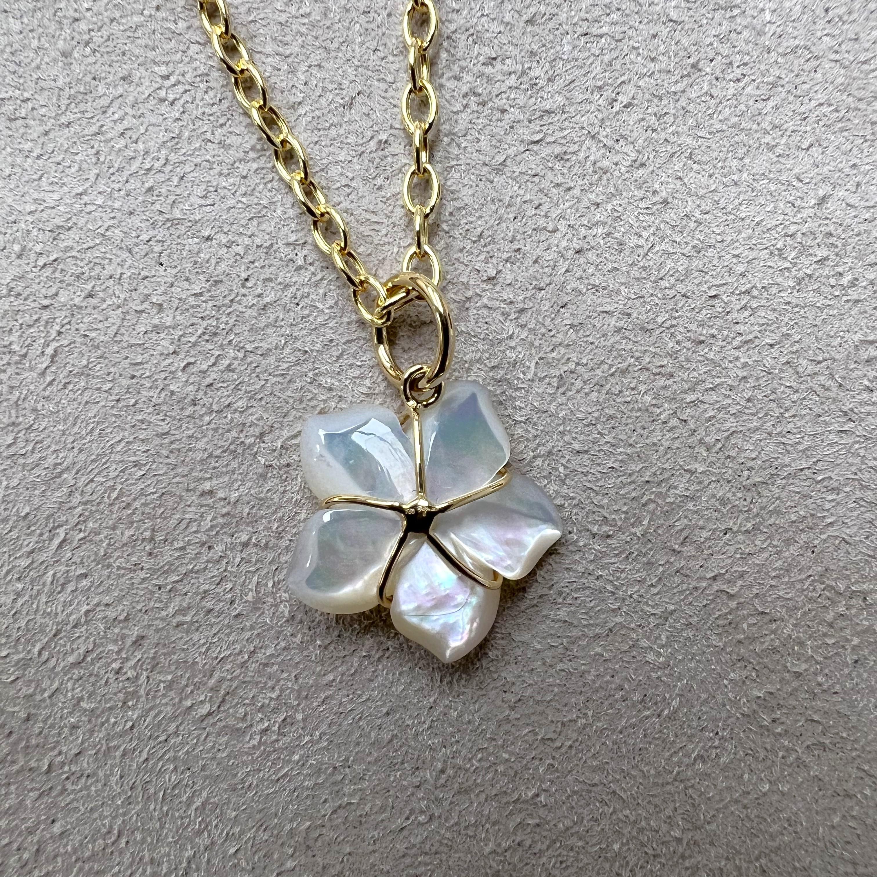 Contemporary Syna Yellow Gold Mother of Pearl Flower Pendant with Tsavorite For Sale