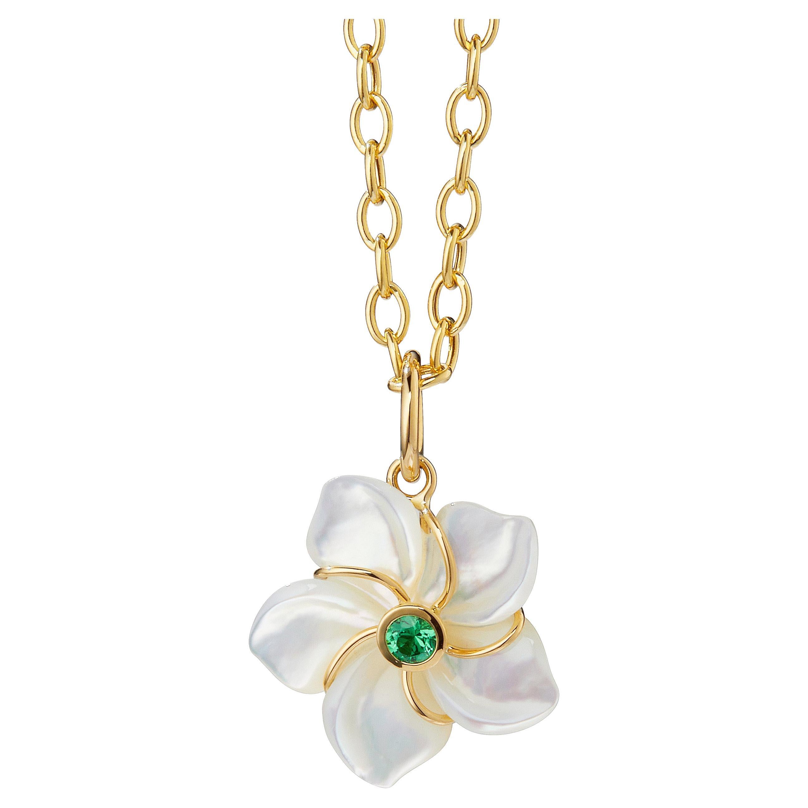 Syna Yellow Gold Mother of Pearl Flower Pendant with Tsavorite For Sale