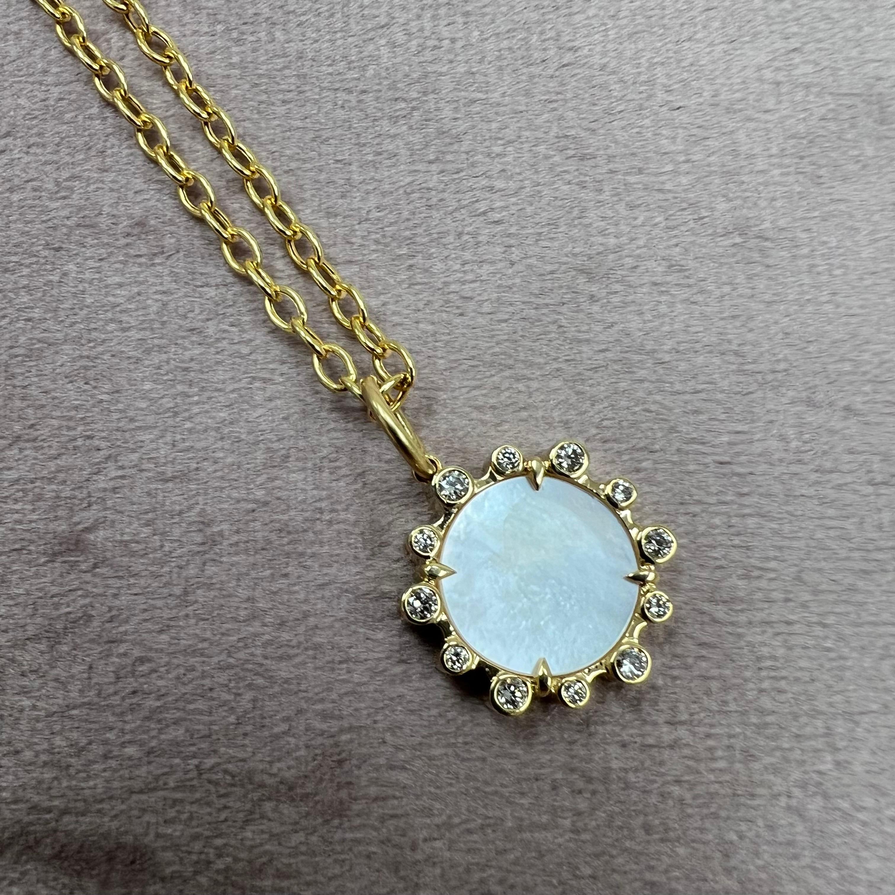 Mixed Cut Syna Yellow Gold Mother of Pearl Hex Pendant with Diamonds For Sale