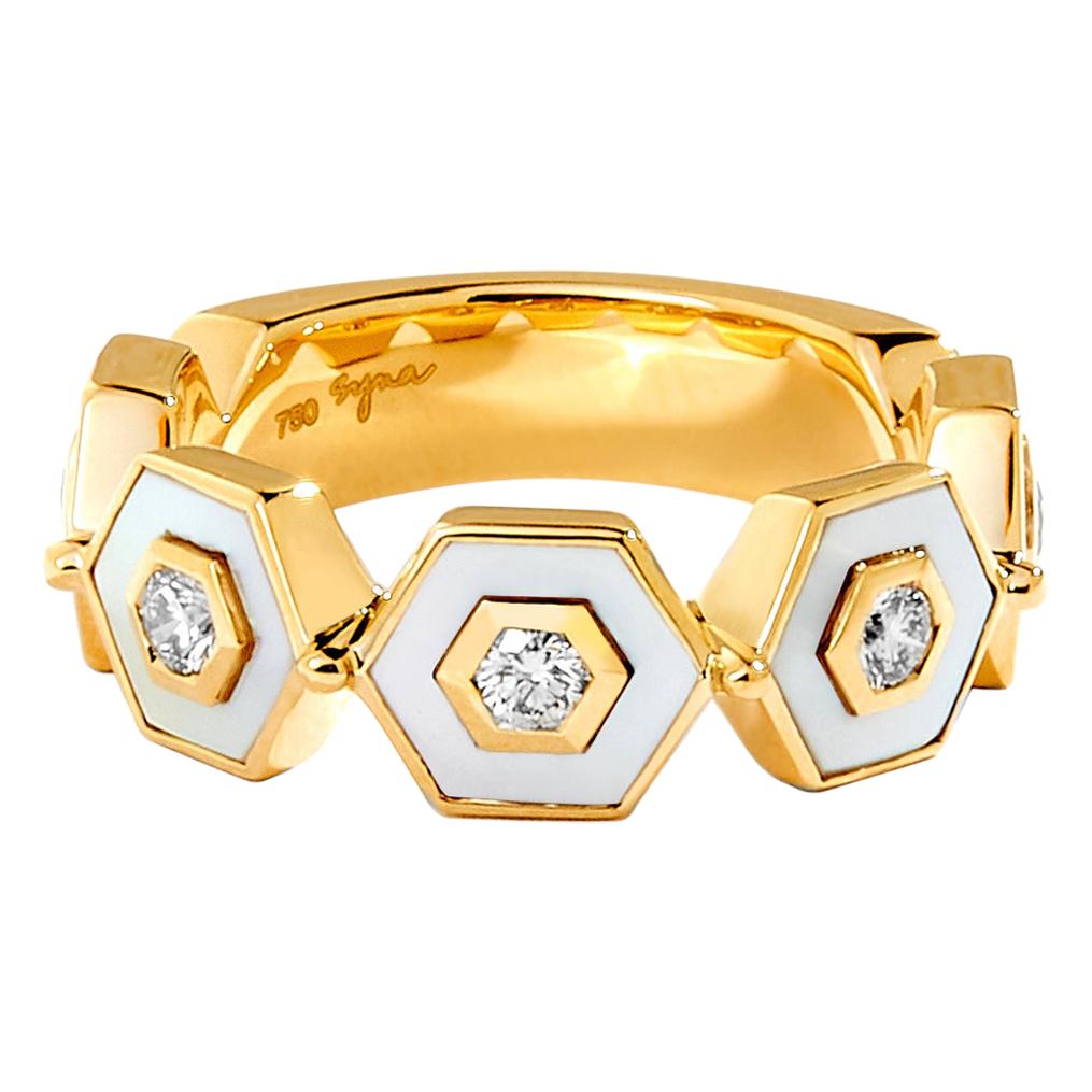 Syna Yellow Gold Mother of Pearl Hex Ring with Champagne Diamonds