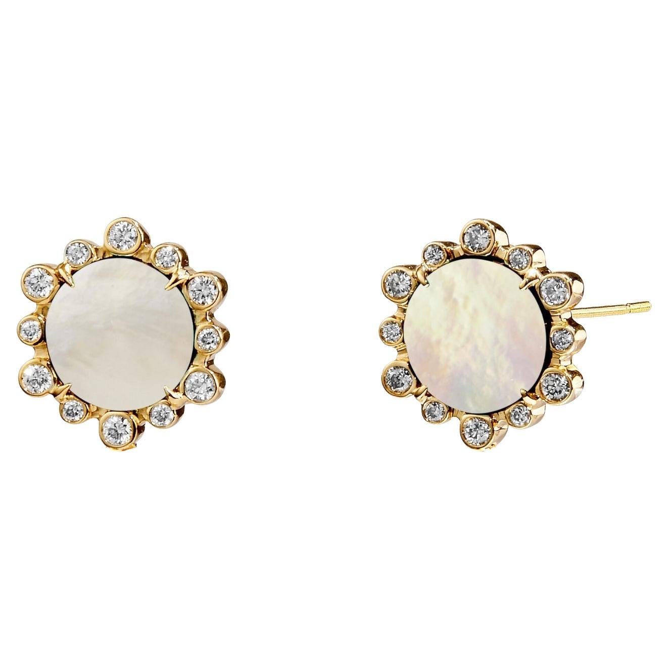 Syna Yellow Gold Mother of Pearl Hex Studs with Diamonds