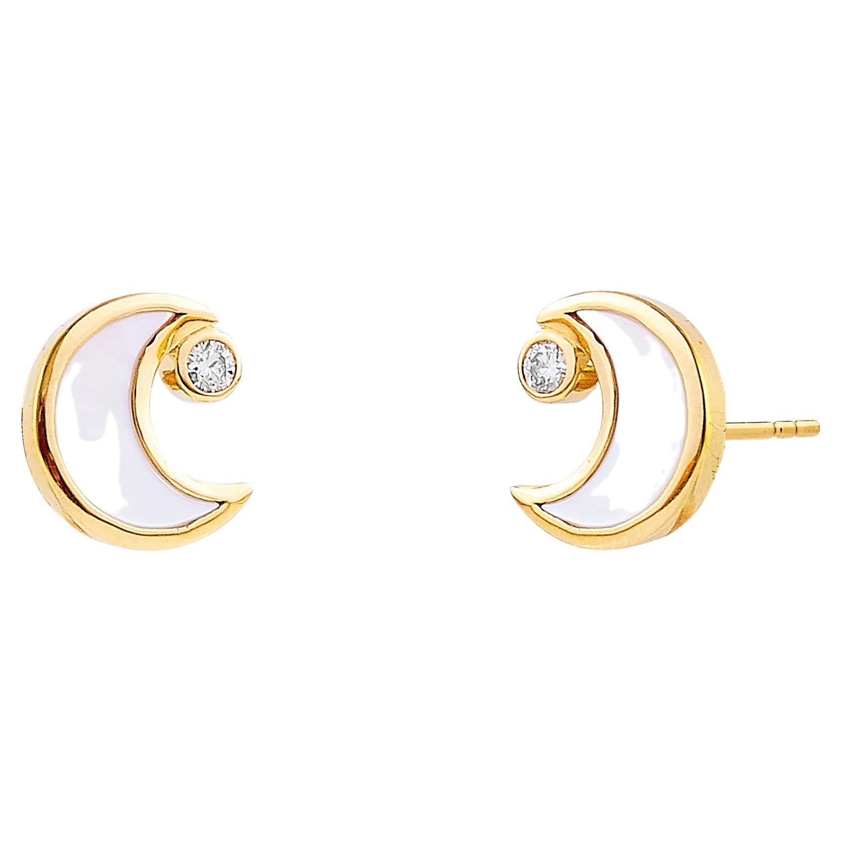Syna Yellow Gold Mother of Pearl Moon Studs with Diamonds For Sale