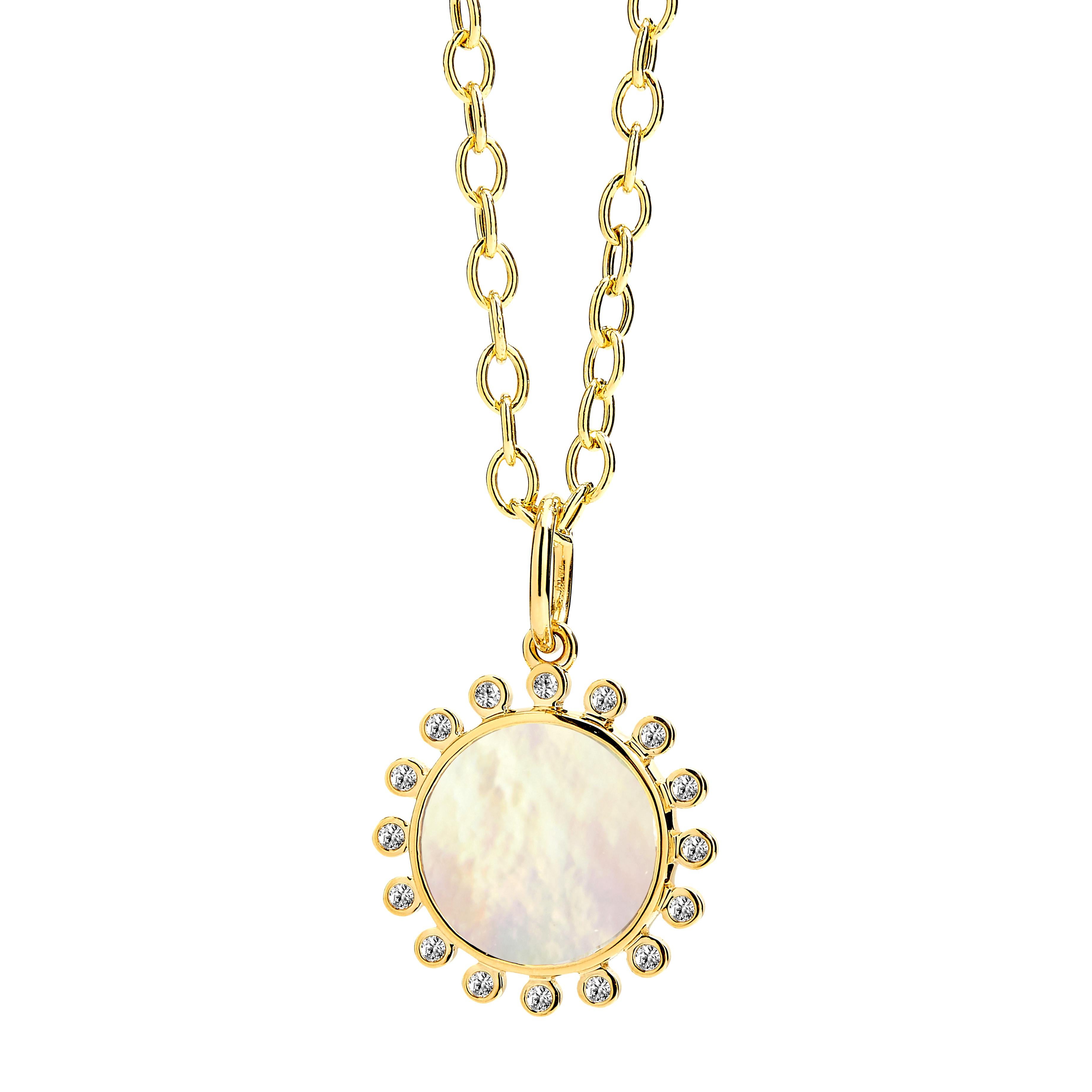 Created in 18kyg
Mother of pearl 2.5 cts approx
Diamonds 0.20 ct approx
Chain sold separately 
Limited edition

Exquisite in 18 karat yellow gold, this limited edition pendant features an impressive mother of pearl of about 2.5 carats and 0.20