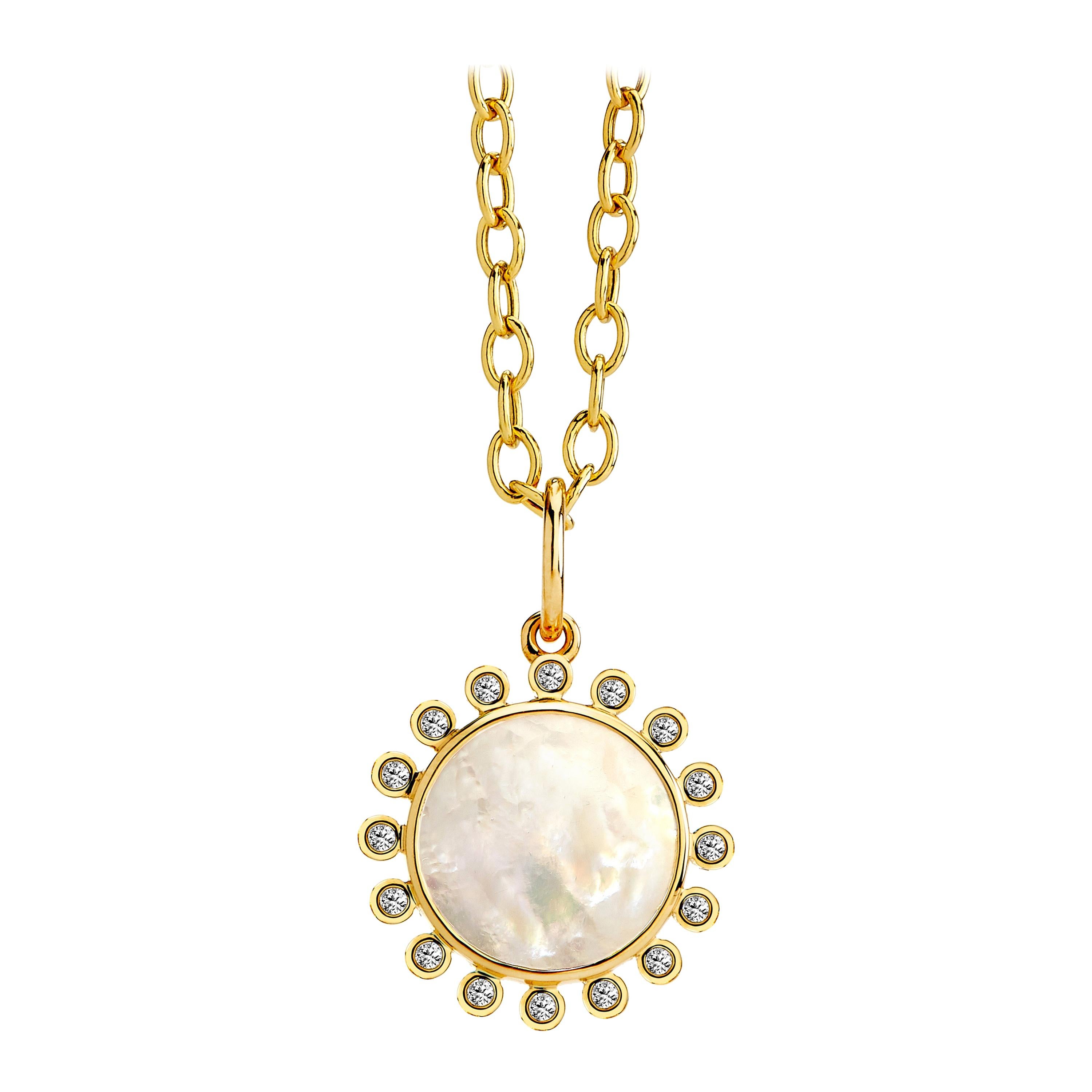 Syna Yellow Gold Mother of Pearl Pendant with Diamonds For Sale