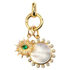 Syna Yellow Gold Mother of Pearl Sun Charm and Emerald Evil Eye Charm
