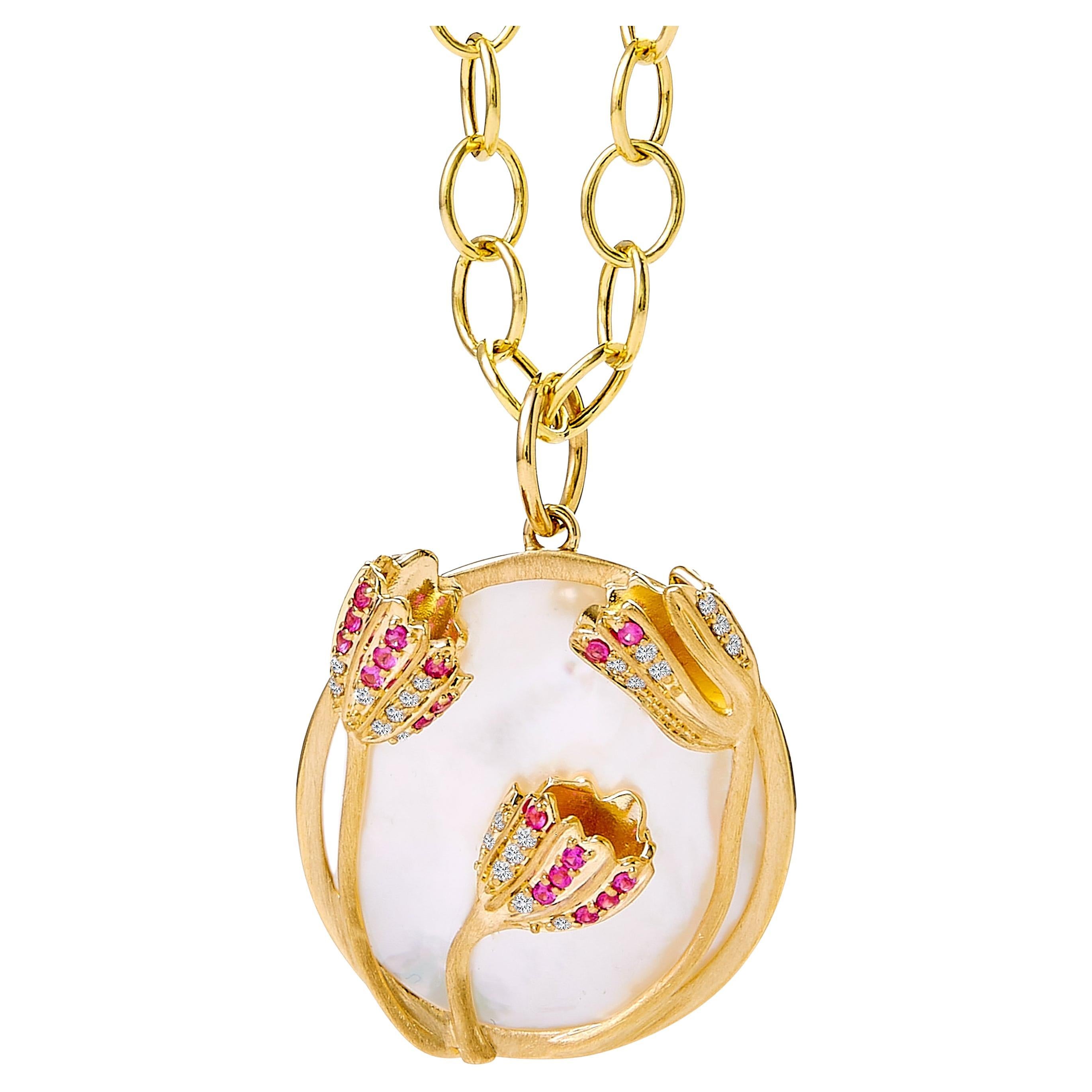 Syna Yellow Gold Mother of Pearl Water Lilies Pendant with Sapphires & Diamonds