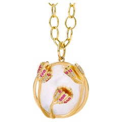 Syna Yellow Gold Mother of Pearl Water Lilies Pendant with Sapphires & Diamonds