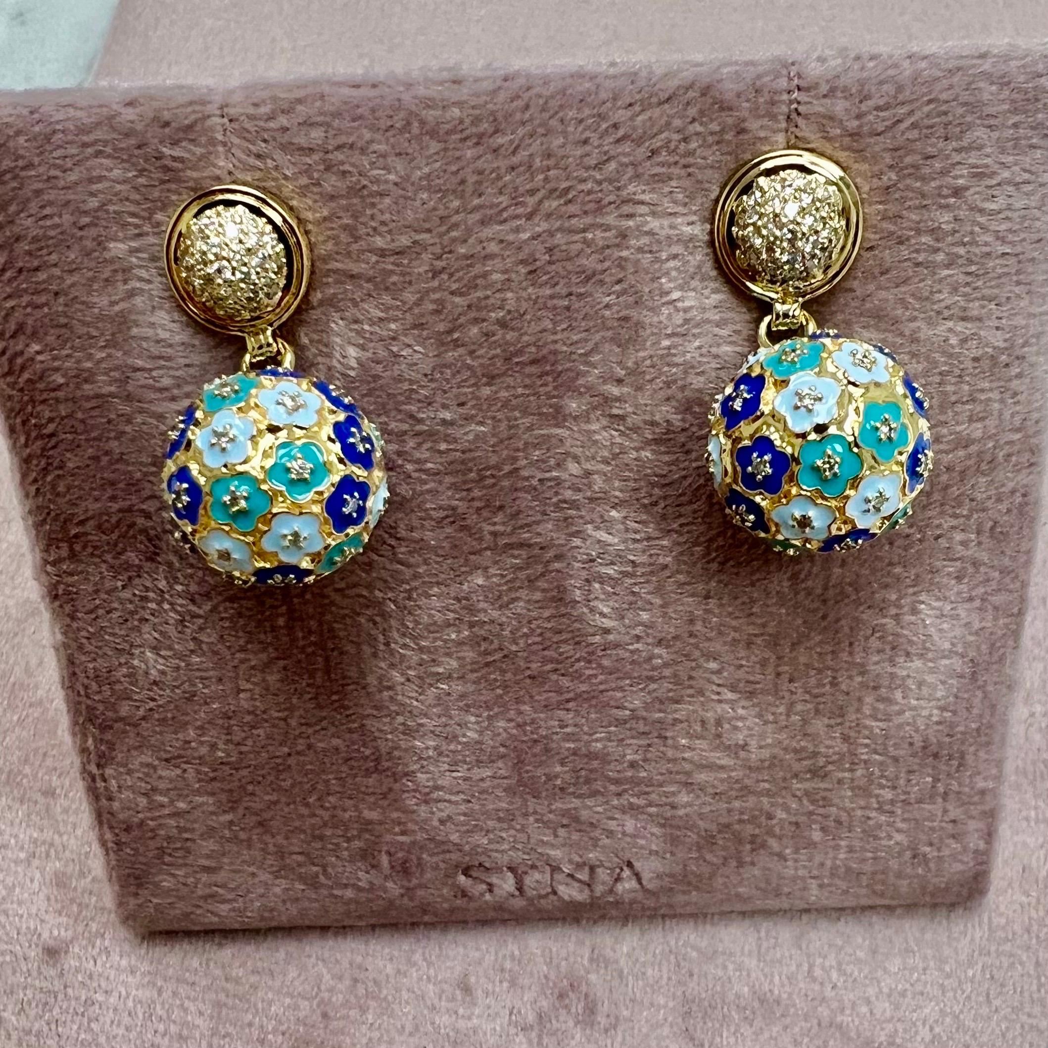 Contemporary Syna Yellow Gold Multi Color Enamel Floral Ball Earrings For Sale